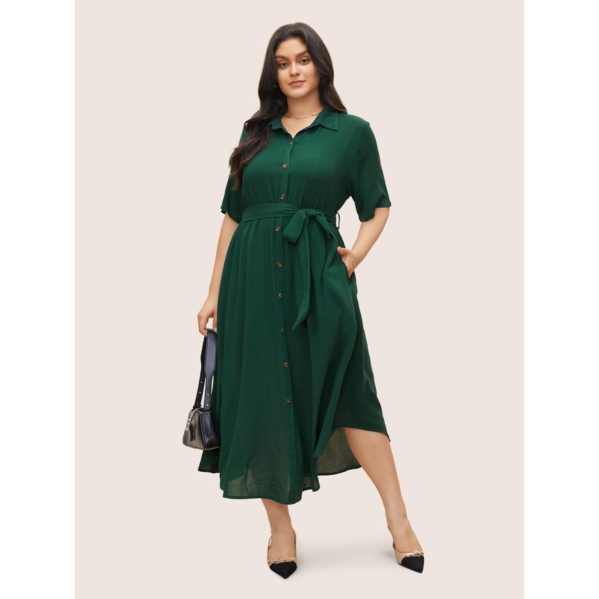Belted Shirt Collar Button Plus Size Shirtdress Women Workleisure Plain Sleeve Short Sleeve Shirt Collar Pocket Workwear Long Dress BloomChic Product Image