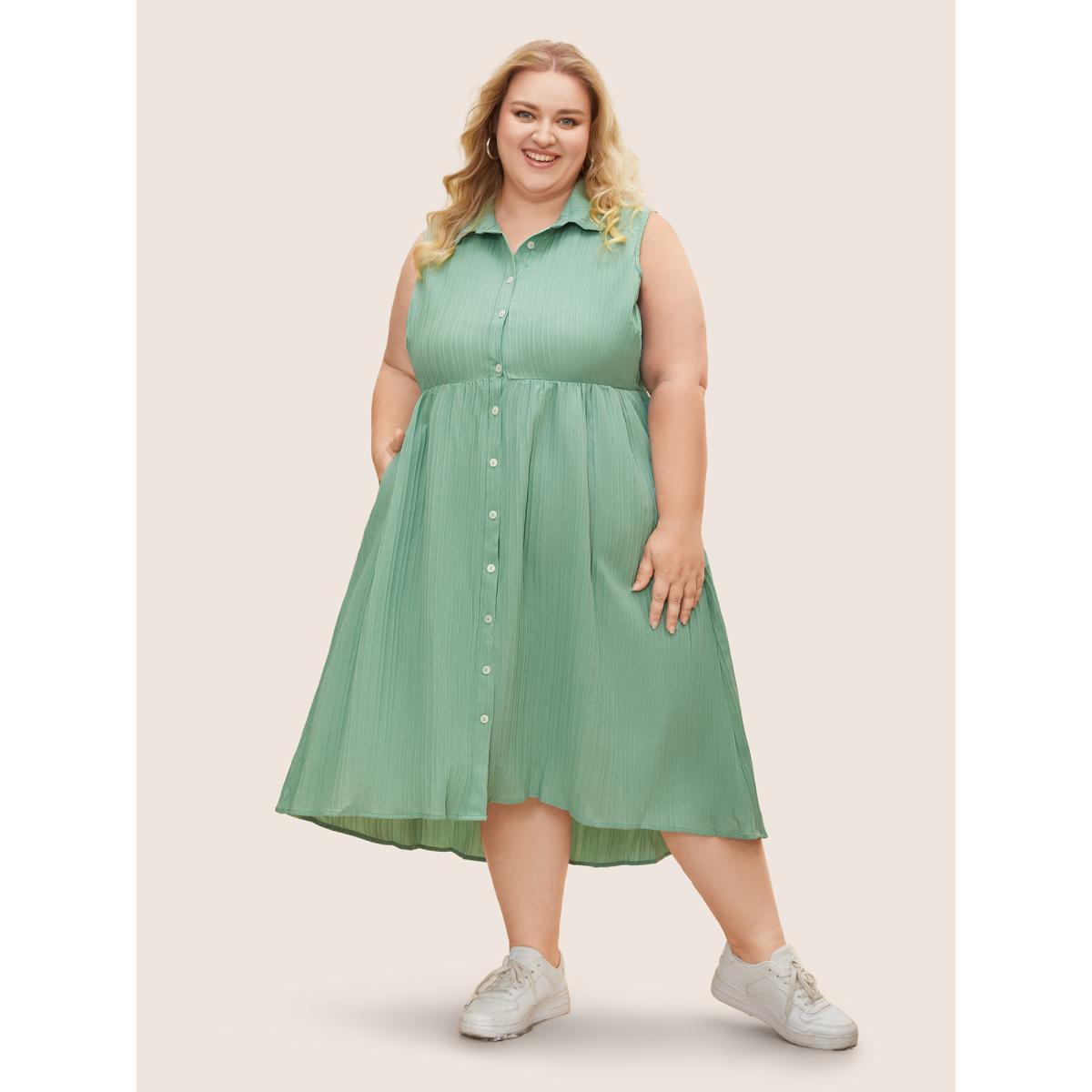 Plus Size Solid Shirt Collar Ruffle Pocket High Low Hem Button Up Dress Mint Women At the Office Non Polo Sleeveless Curvy Midi Dress BloomChic 22-24/3X Product Image