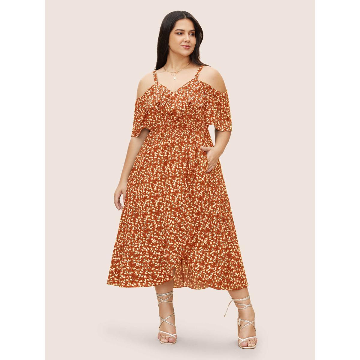 Plus Size Ditsy Floral Pocket Wrap Cold Shoulder Ruffle Dress OrangeRed Women Elegant Non Overlap Collar Short sleeve Curvy Midi Dress BloomChic 28/5X Product Image