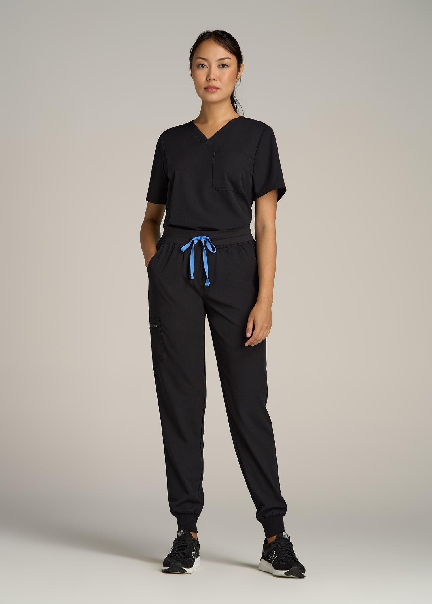 Short Sleeve V-Neck Scrub Top for Tall Women in Black Product Image