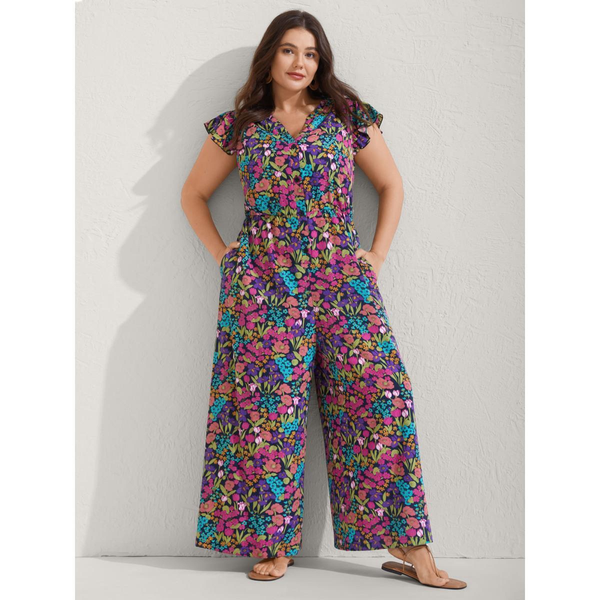 Plus Size Midnight Sunkissed Floral Print Button Wide-Leg Jumpsuit Women Cap Sleeve Notched collar Vacation Loose Jumpsuits BloomChic 26/4X Product Image