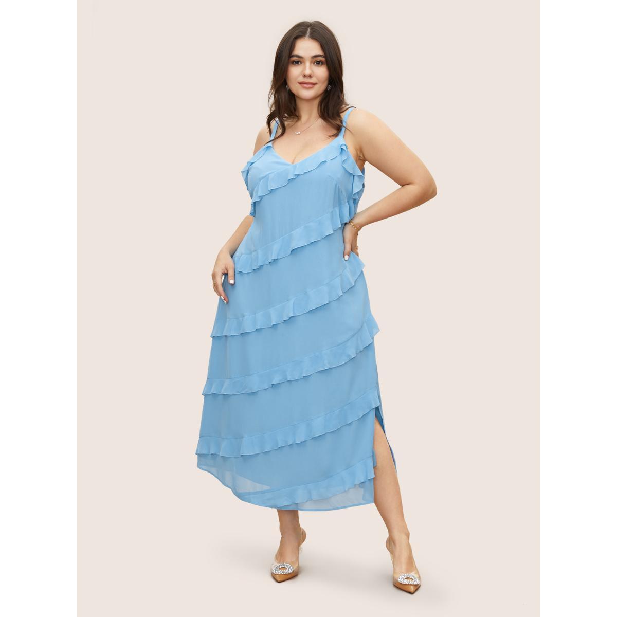 Plus Size V Neck Ruffle Trim Elastic Waist Cami Dress LightBlue Women Formal Ruffles Non Sleeveless Curvy BloomChic 30/6X Product Image
