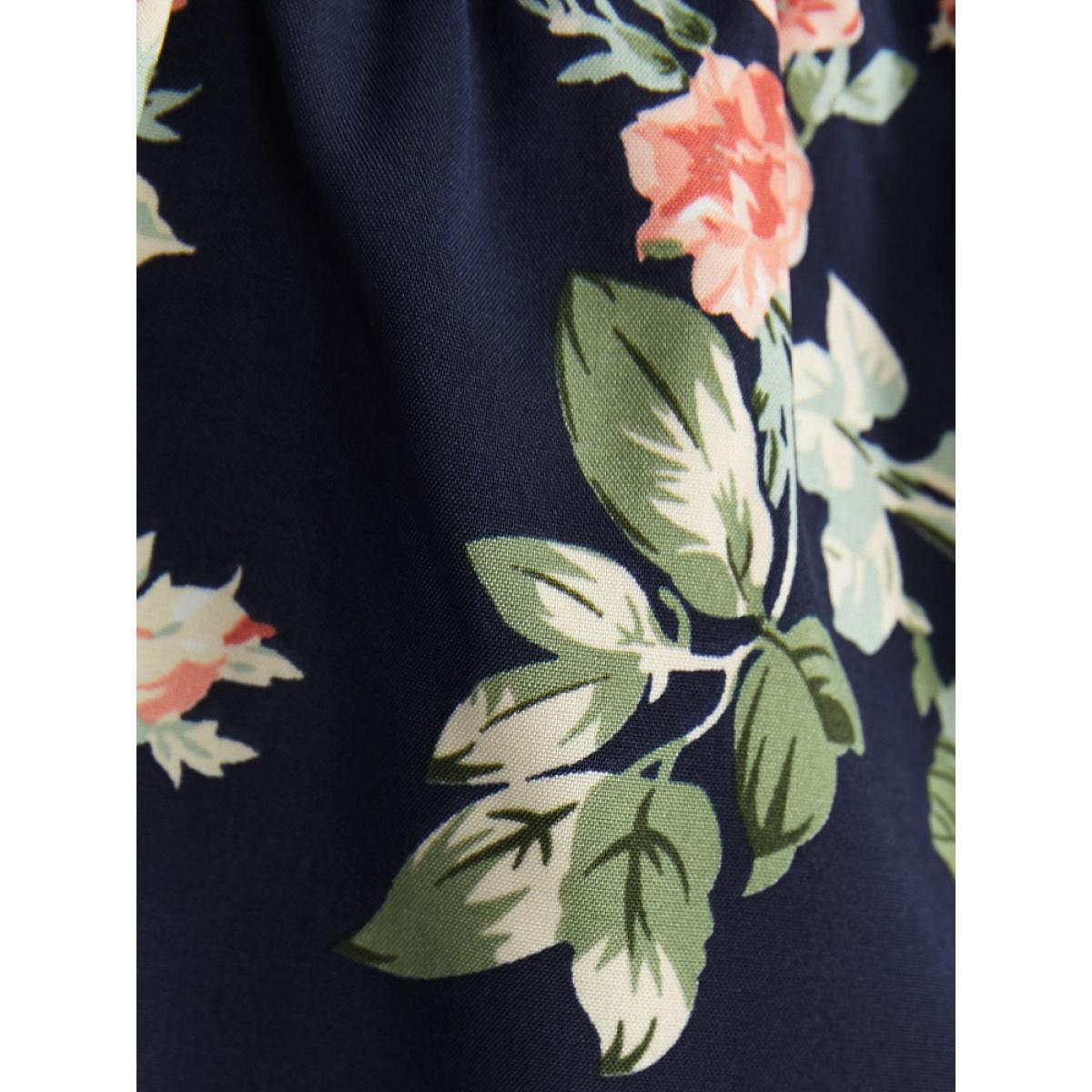 Plus Size Indigo Floral Lace Trim Wrap Ruffle Hem Blouse Women Elegant Long Sleeve V-neck Dailywear Blouses BloomChic 10/M Product Image