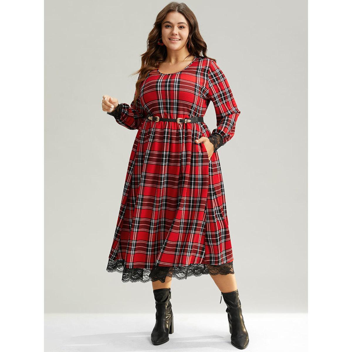 Plus Size Plaid Guipure Lace Elastic Waist Gathered Dress Raspberry Women Casual Printed Round Neck Long Sleeve Curvy Midi Dress BloomChic 18-20/2X Product Image