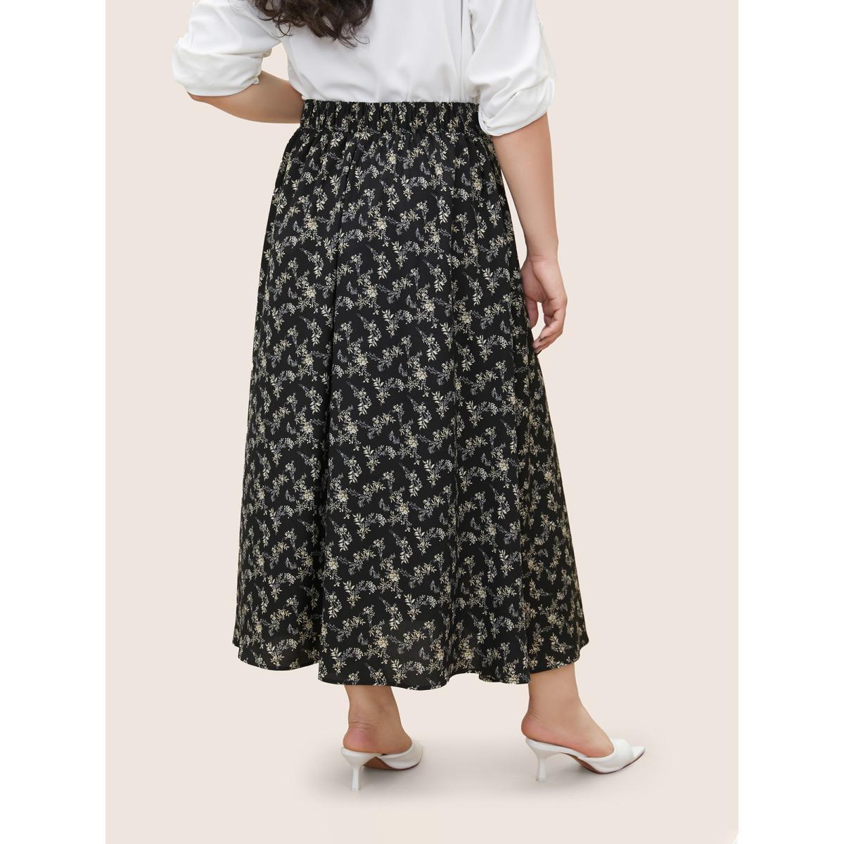 Plus Size Ditsy Floral Split Side Pocket Button Detail Skirt Women BlackFlower Elegant Slit No stretch Slanted pocket Everyday Skirts BloomChic 18-20/2X Product Image