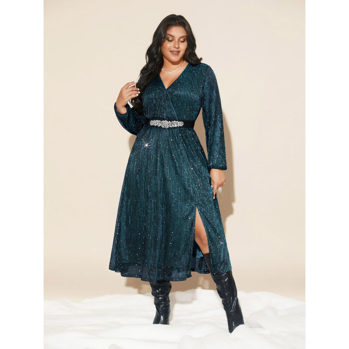 Plus Size Stretchy Gold Foil Surplice Neckline Midi Dress Burgundy Women Cocktail Texture Party Curvy Bloomchic 10/M Product Image