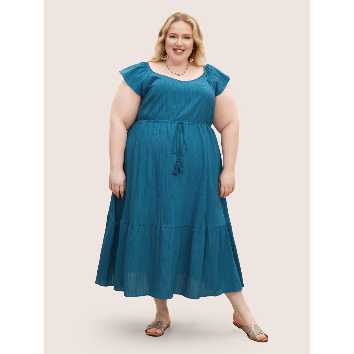 Plus Size Texture Drawstring Tie Knot Tassels Dress Cerulean Women Resort Tie knot V-neck Cap Sleeve Curvy BloomChic 10/M Product Image