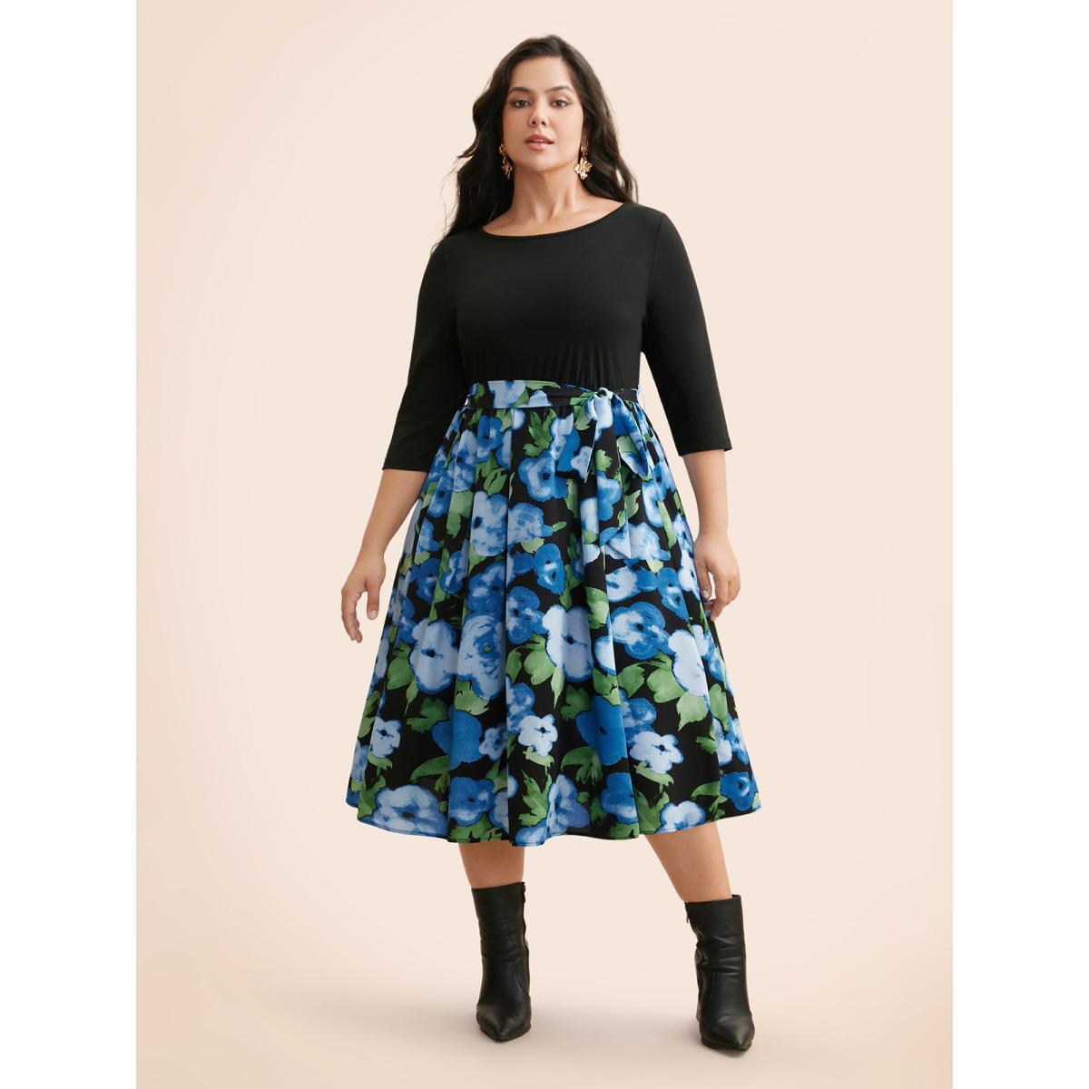 Plus Size Round Neck Floral Patchwork Belted Dress Black Women Elegant Belted Round Neck Elbow-length sleeve Curvy BloomChic 22-24/3X Product Image