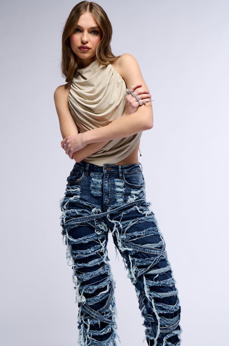 IMANI SUPER DISTRESSED RELAXED FIT JEANS IN DARK BLUE Product Image
