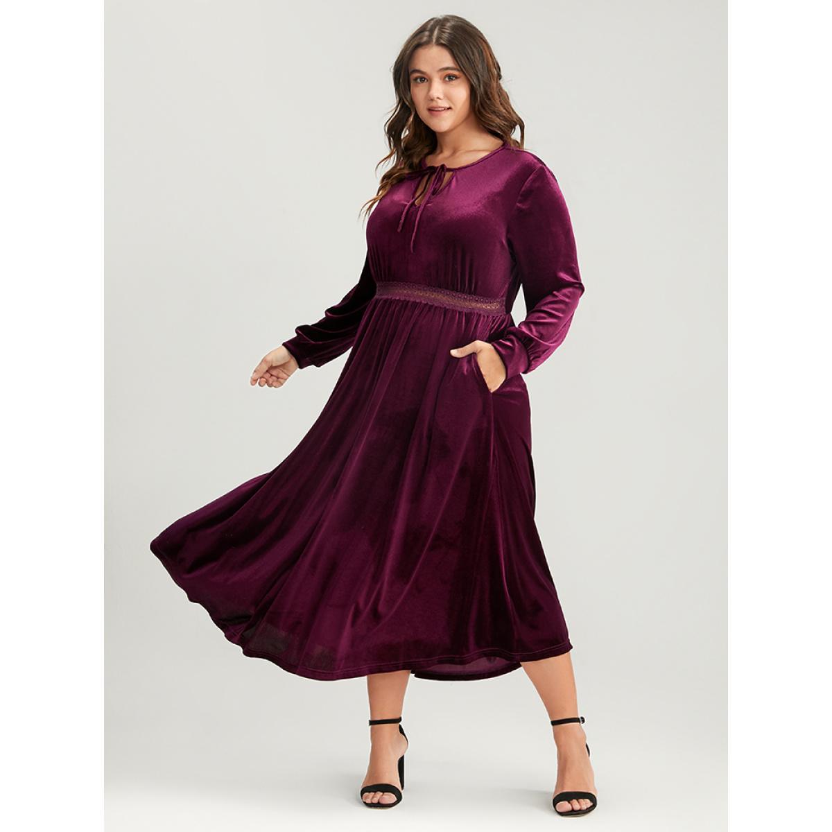 Plus Size Solid Lace Pocket Keyhole Tie Neck Velvet Flutter Dress Burgundy Women Party Patchwork V-neck Long Sleeve Curvy Midi Dress BloomChic 18-20/2X Product Image
