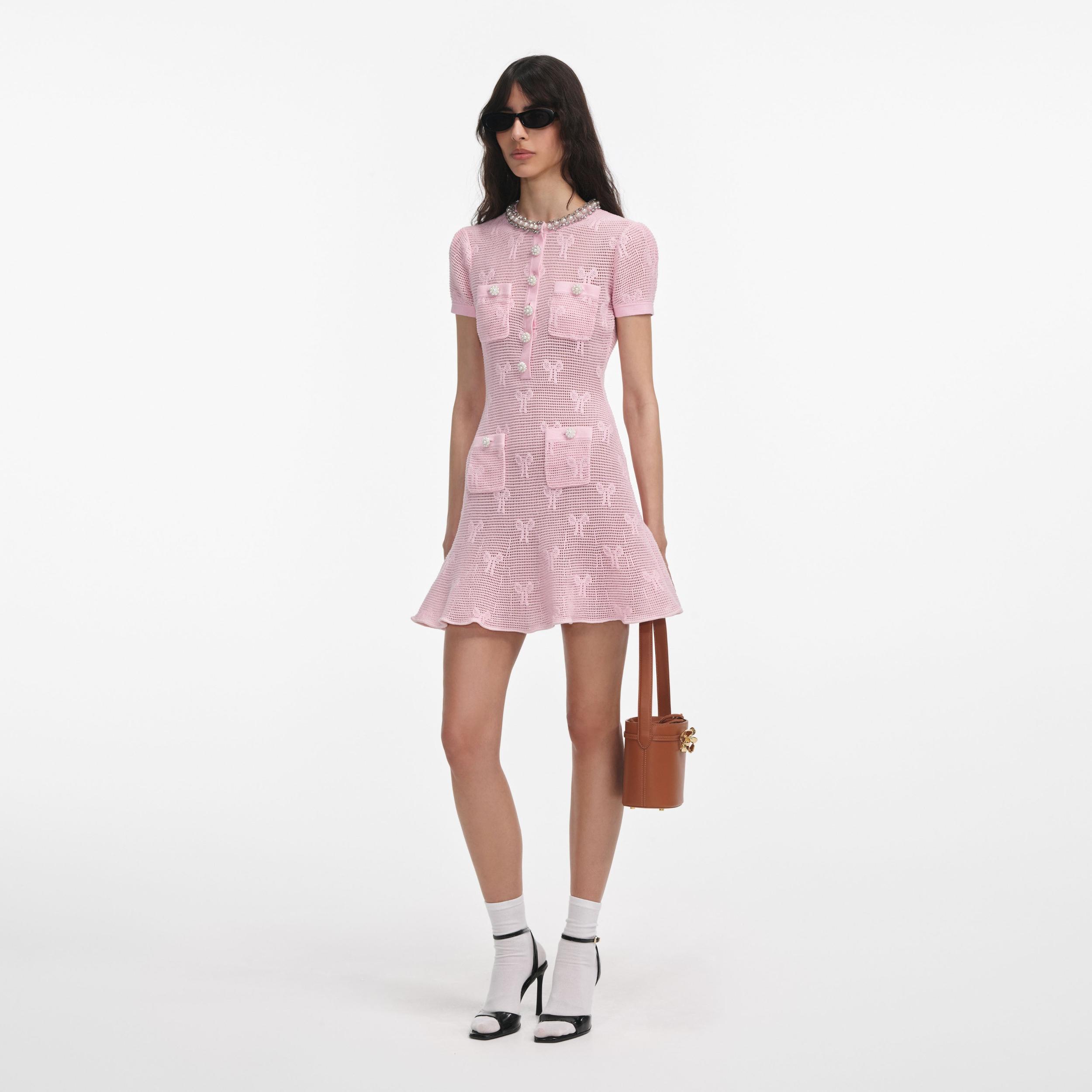 Pink Bow Crochet Crystal Trim Mini Dress Product Image