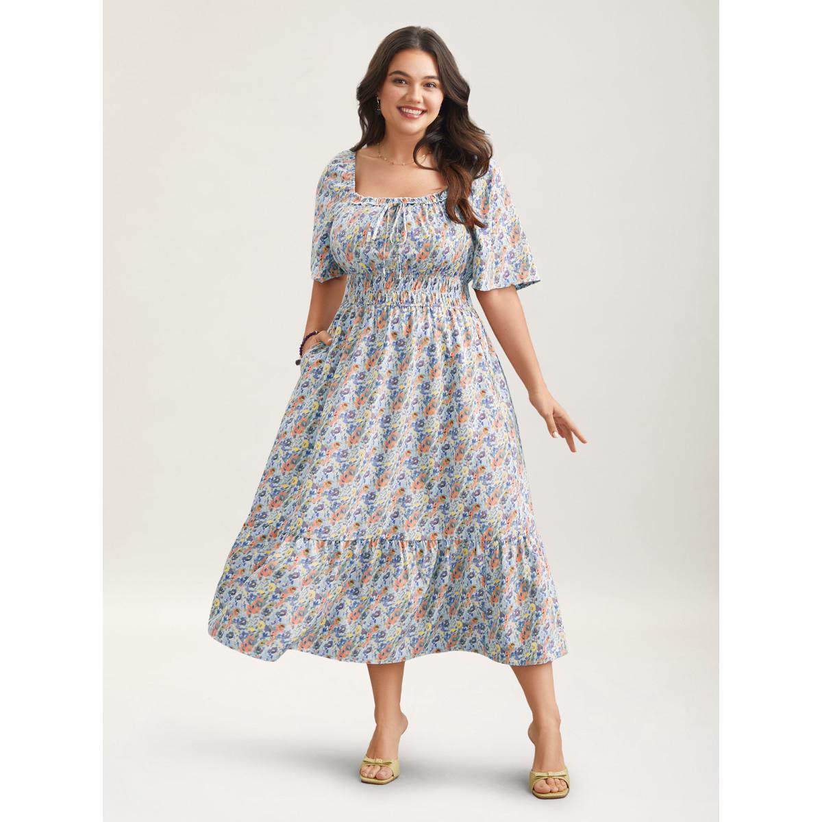 Plus Size Smocked Waist Floral Ties Tiered Maxi Dress LightBlue Women Elegant Tie knot Square Neck Short sleeve Curvy BloomChic 12/L Product Image