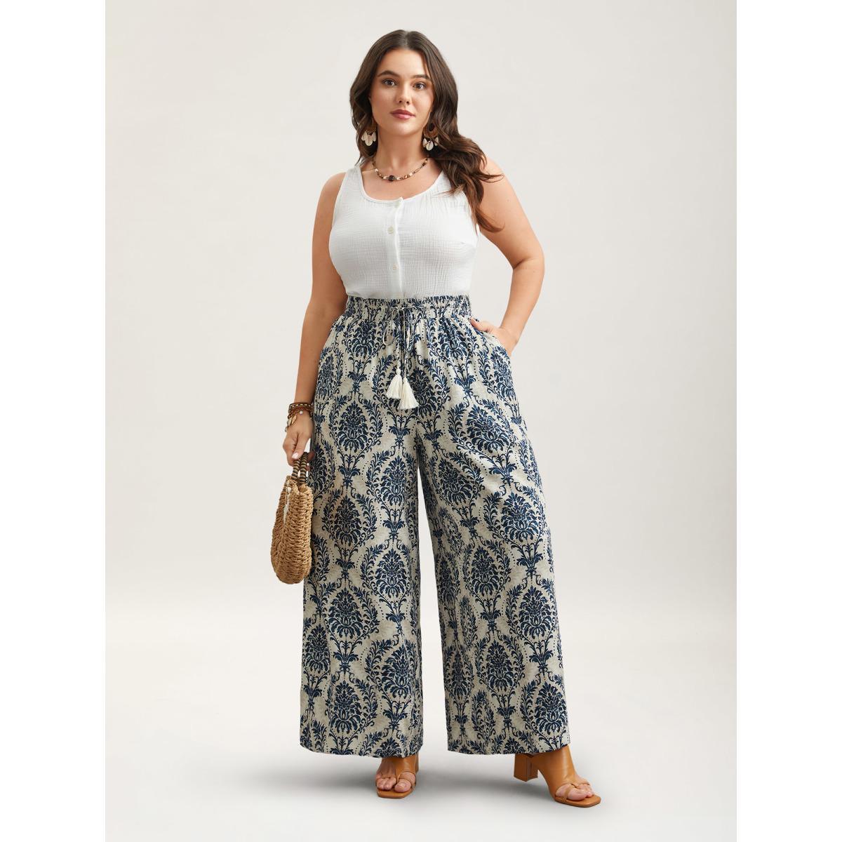 Plus Size Damask Print Tassel Straight-Leg Pants Women DarkBlue Resort Wide Leg Mid Rise Vacation Pants BloomChic 12/L Product Image