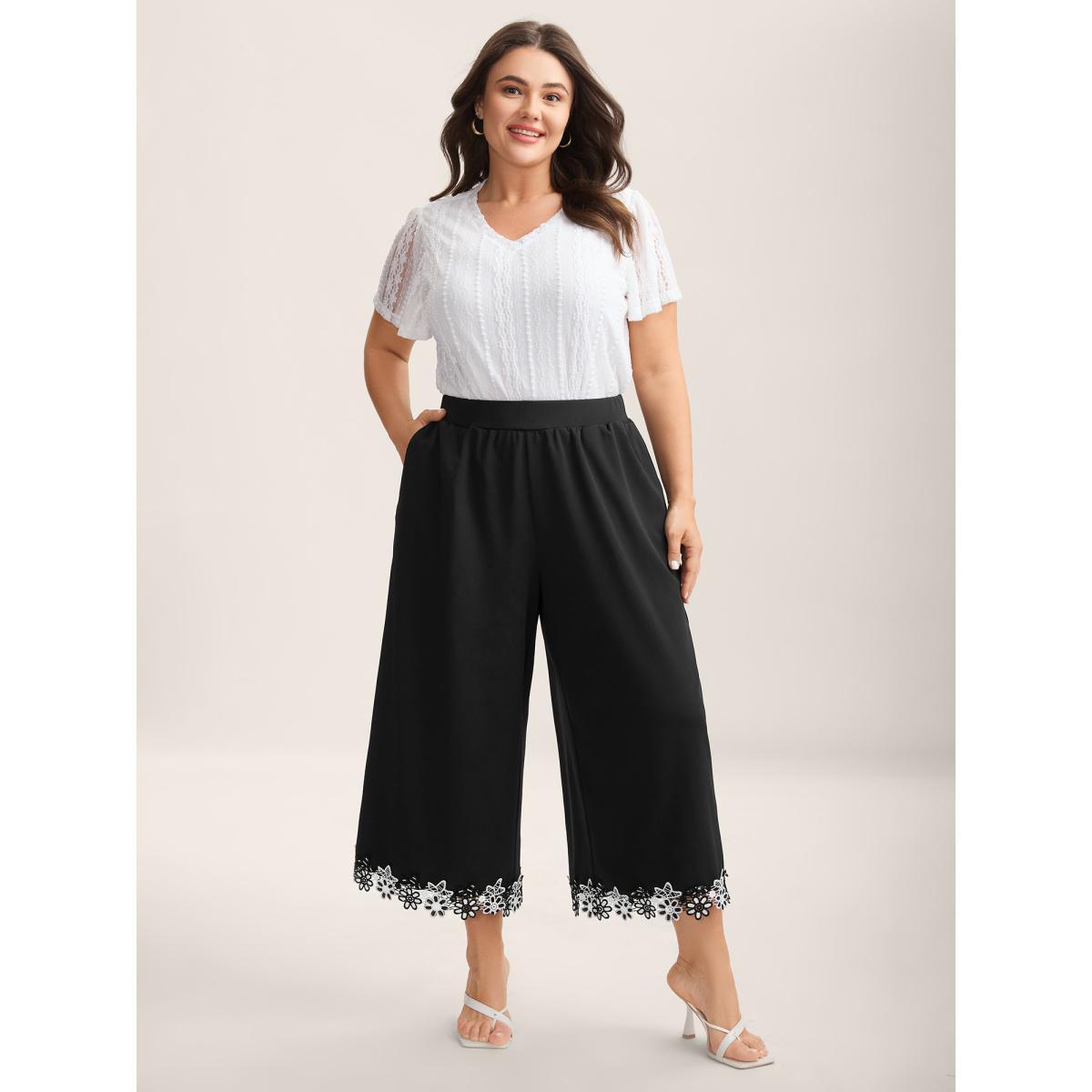 Plus Size Floral Lace Hem Wide-Leg Pants Women Black Elegant Wide Leg Mid Rise Everyday-Elegant Pants BloomChic 26/4X Product Image