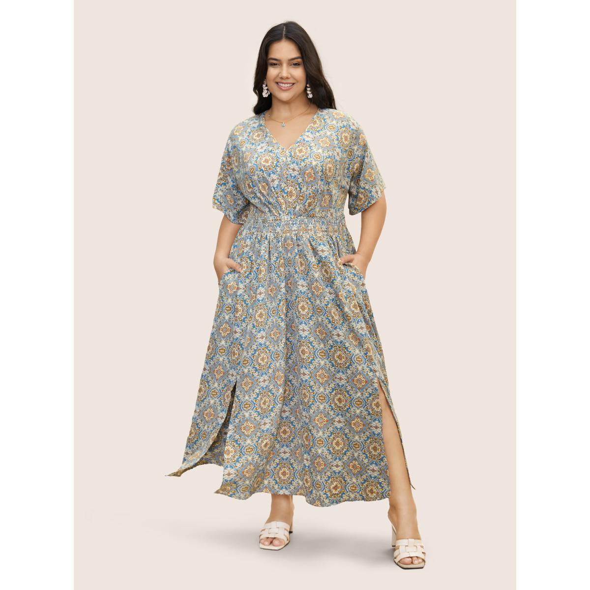 Plus Size Boho Print Shirred Pleated Maxi Dress Stone Women Resort Slit V-neck Half Sleeve Curvy BloomChic 18-20/2X Product Image