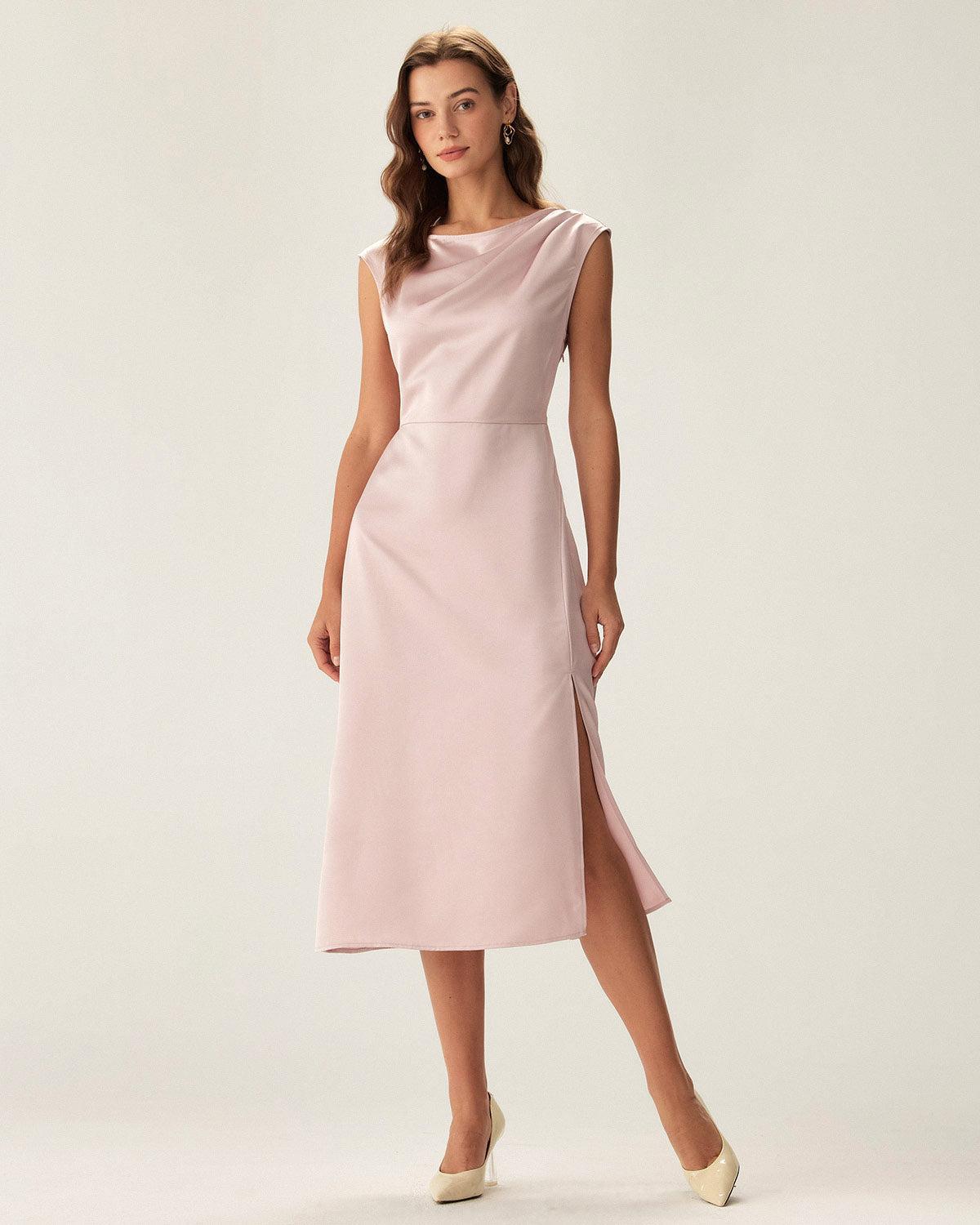 Pink Satin Boat Neck Slit Sleeveless Midi Dress Product Image