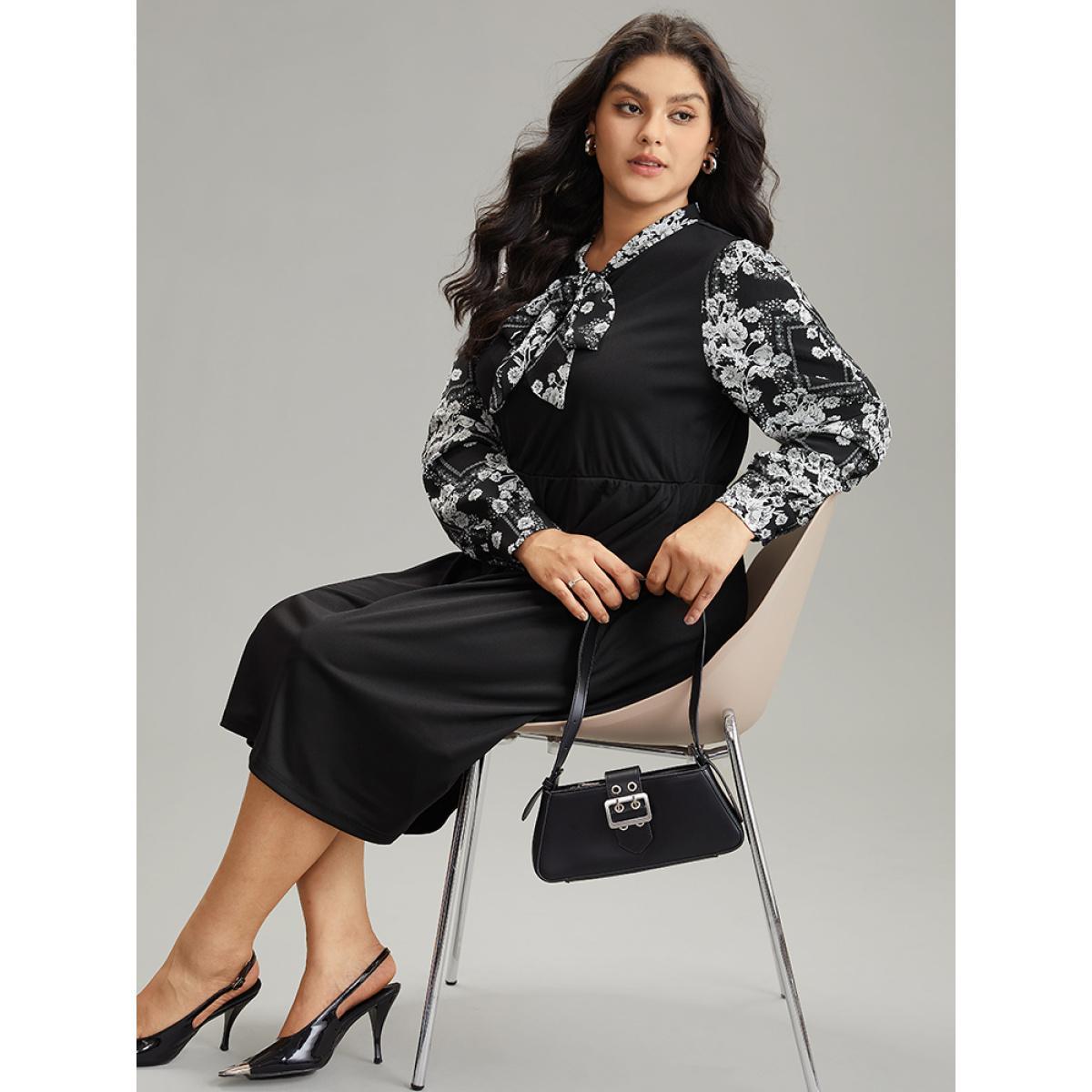 Plus Size Geo Graphic Knot Neck Patchwork Elastic Waist Dress Black Women Office Gathered Tie Neck Long Sleeve Curvy Midi Dress BloomChic 22-24/3X Product Image