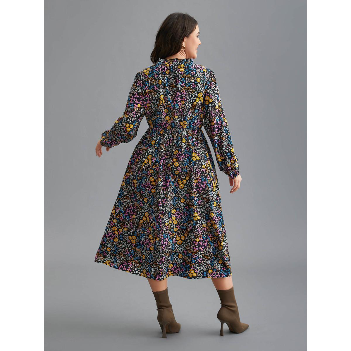 Plus Size Floral Ruffles Mock Neck Elastic Waist Midi Dress BlackFlower Women Elegant Frill Trim Mock Neck Long Sleeve Curvy BloomChic 28/5X Product Image