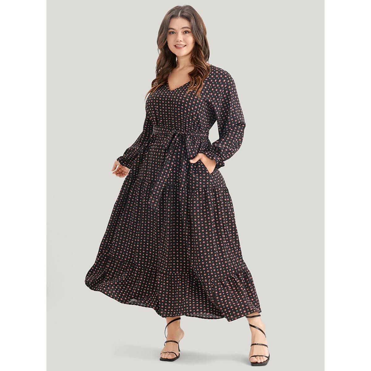 Plus Size Geometric Belted Lantern Sleeve Pocket Ruffle Tiered Dress Black Women Elegant Pocket V-neck Long Sleeve Curvy Midi Dress BloomChic 10/M Product Image