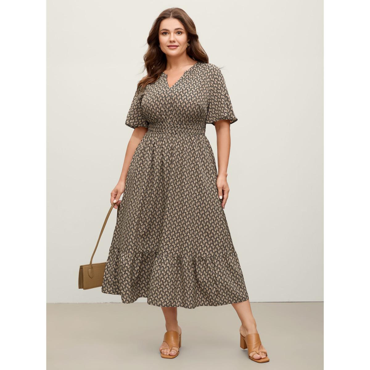 Plus Size Geometric Print Waist-Cinched Tiered Midi Dress Tan Women Flat collar with V-notch Short sleeve Curvy BloomChic 12/L Product Image