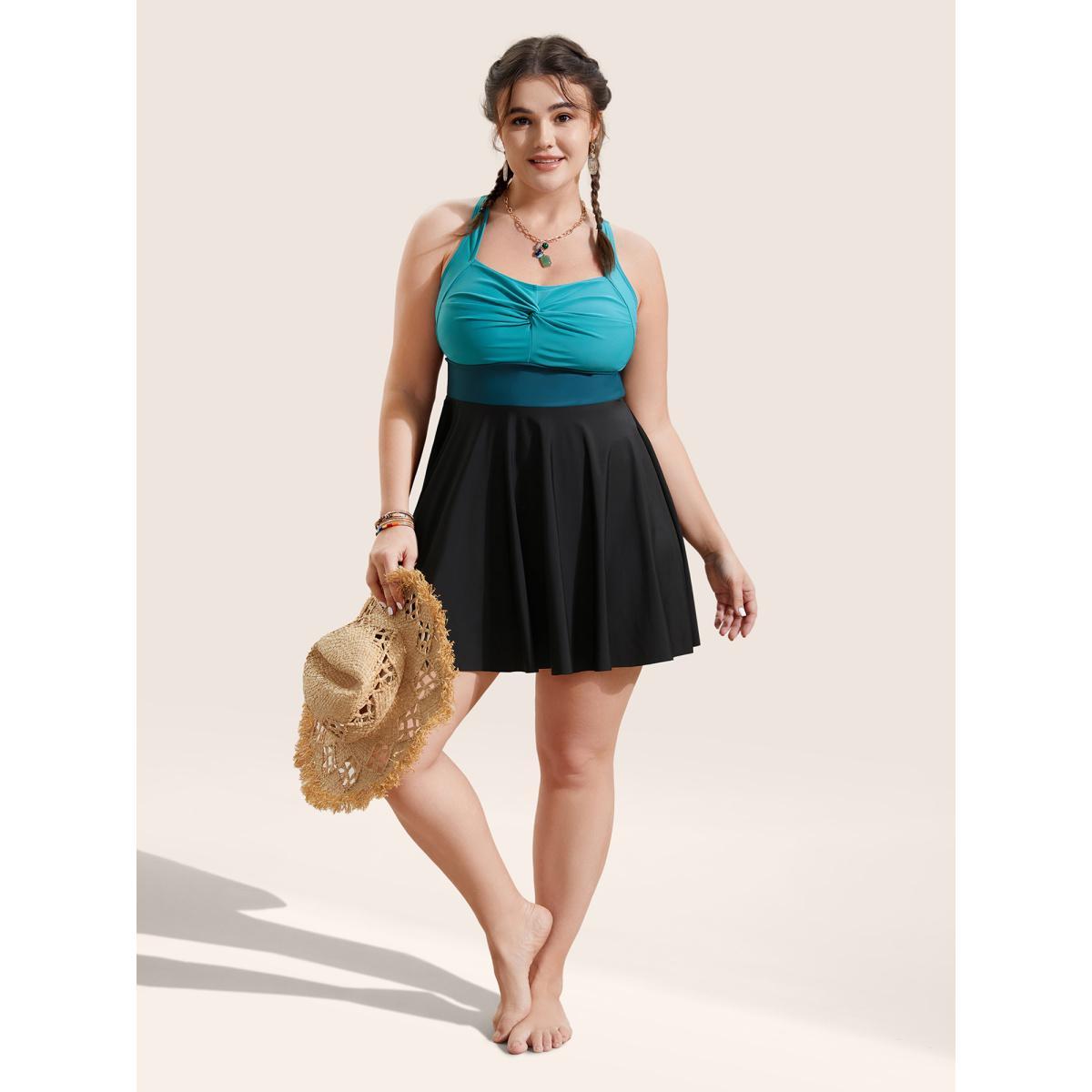 Plus Size Crossover Patchwork Heart Neckline Swim Dress Women's Swimwear Teal Beach Bodycon Heart neckline High stretch Curve Swim Dresses BloomChic 28/5X Product Image