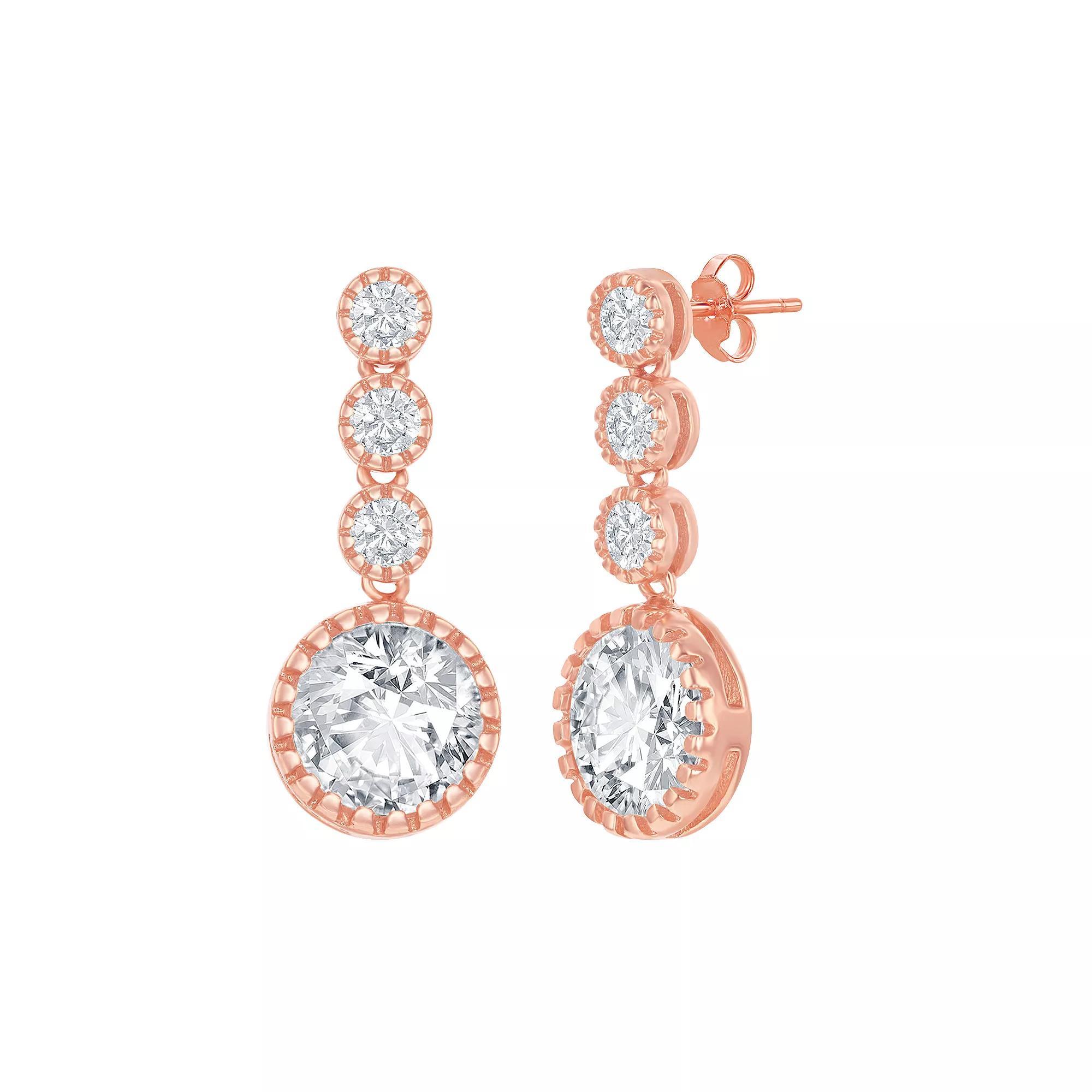 Sterling Silver Cubic Zirconia Round Linear Drop Earrings, Women's, Rose Gold Tone Product Image