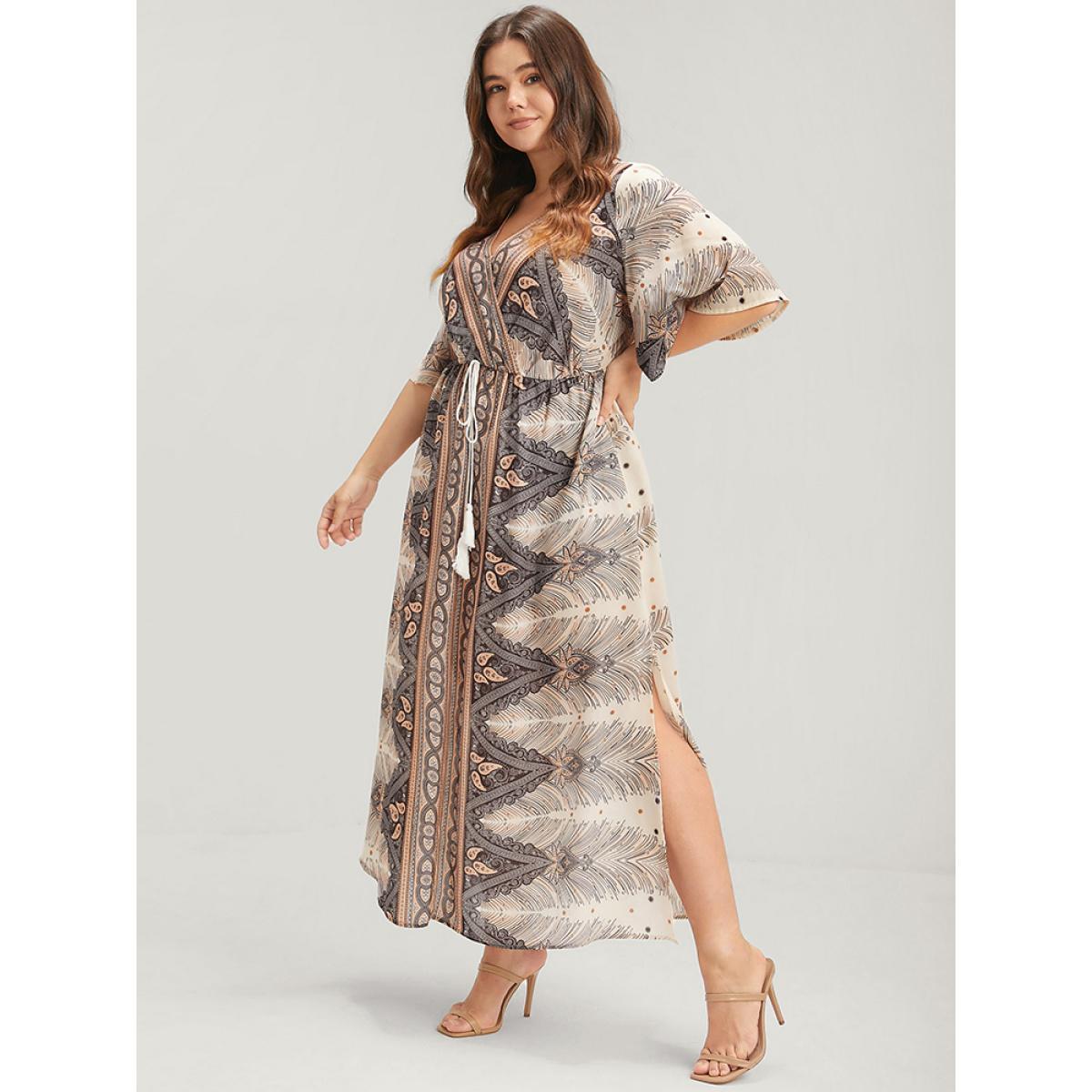 Plus Size Bandana Ruffles Button Split Pocket Ties Wrap Maxi Dress Apricot Women Vacation Printed V-neck Half Sleeve Curvy Long Dress BloomChic 22-24/3X Product Image
