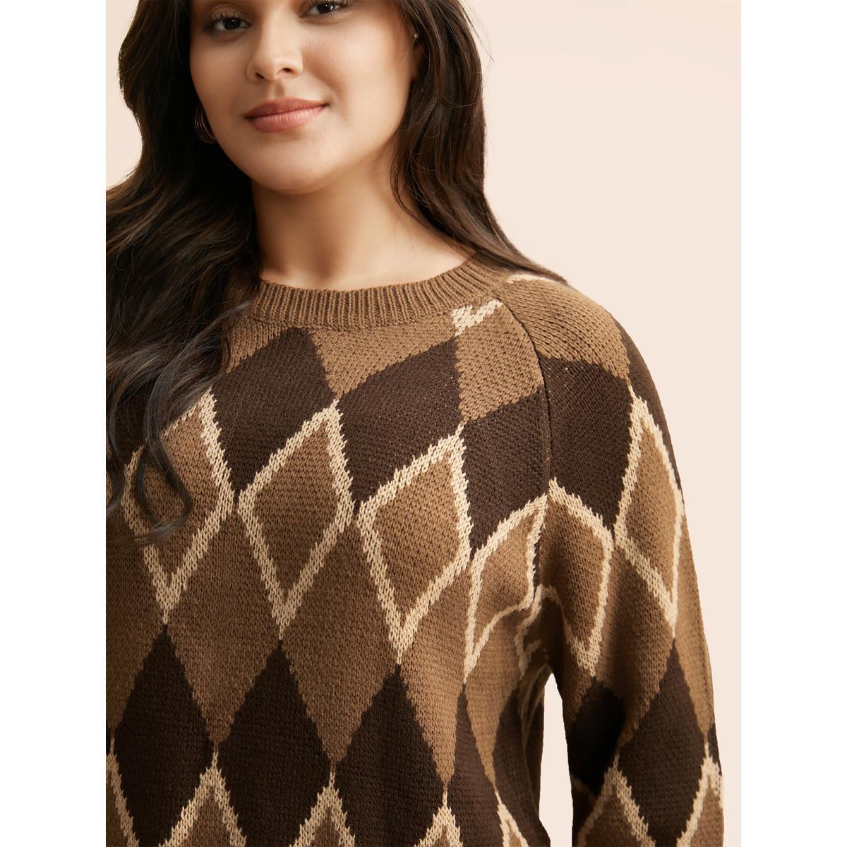 Plus Size Plaid Crew Neck Raglan Sleeve Cardigan Browncoffeecolor Women Casual Loose Long Sleeve Round Neck Everyday Pullovers BloomChic 22-24/3X Product Image