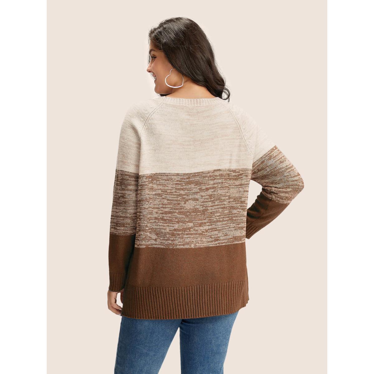Plus Size Colorblock Contrast Heather Button Detail Pullover DarkBrown Women Casual Long Sleeve Round Neck Everyday Pullovers BloomChic 10/M Product Image