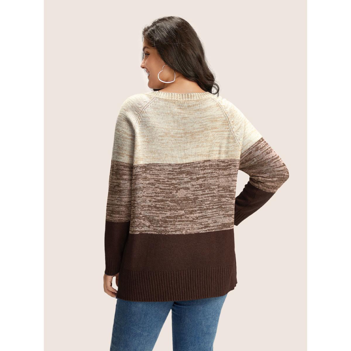 Plus Size Colorblock Contrast Heather Button Detail Pullover Browncoffeecolor Women Casual Long Sleeve Round Neck Everyday Pullovers BloomChic 14-16/1X Product Image