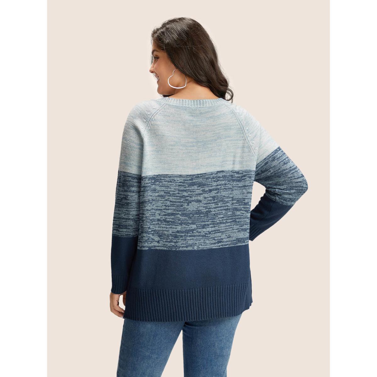 Plus Size Colorblock Contrast Heather Button Detail Pullover DarkGreen Women Casual Long Sleeve Round Neck Everyday Pullovers BloomChic 22-24/3X Product Image