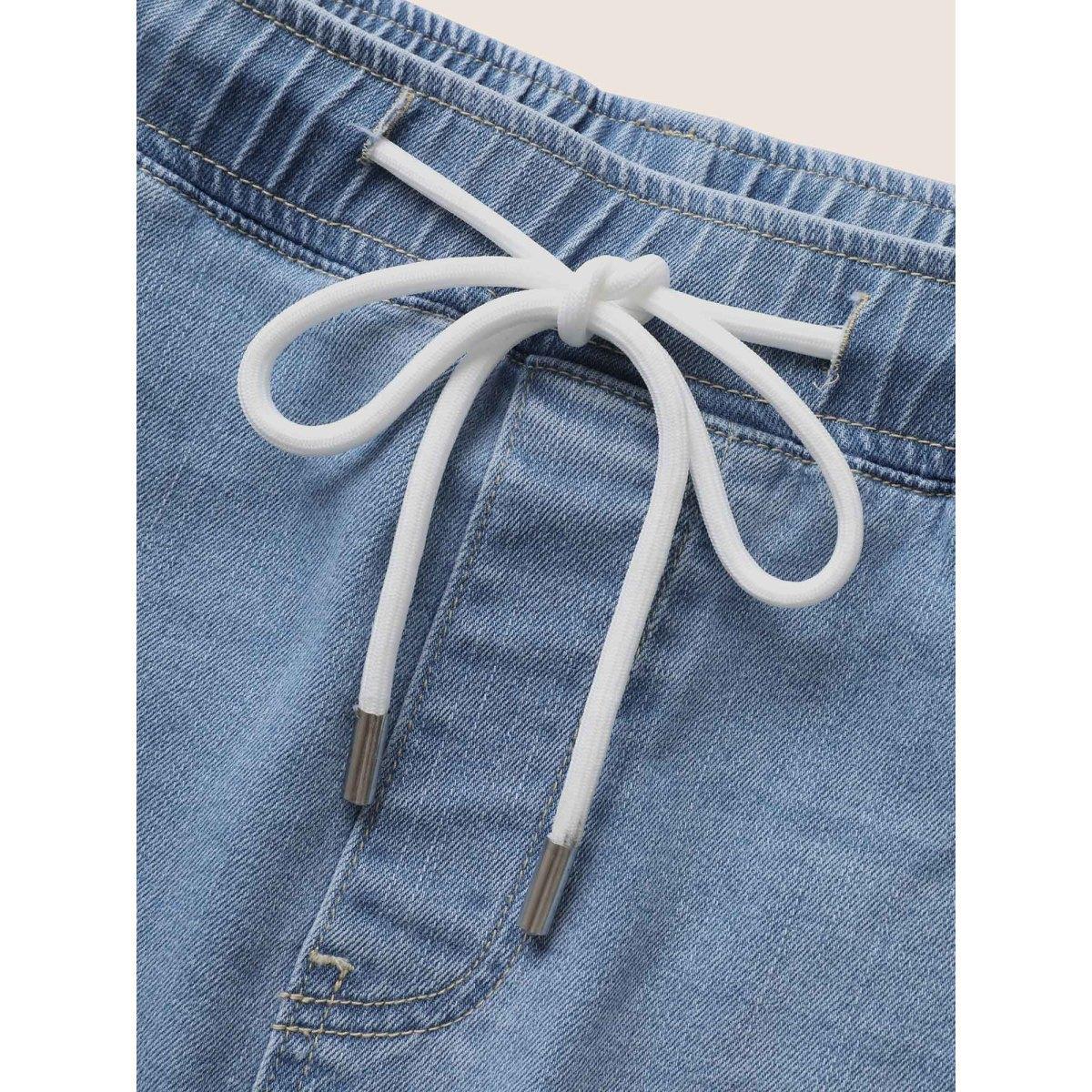 Plus Size Light Wash Elastic Waist Drawstring Denim Shorts Women Denimlightblue Drawstring Medium stretch Everyday Slanted pocket Casual Denim Shorts BloomChic 22/3X Product Image