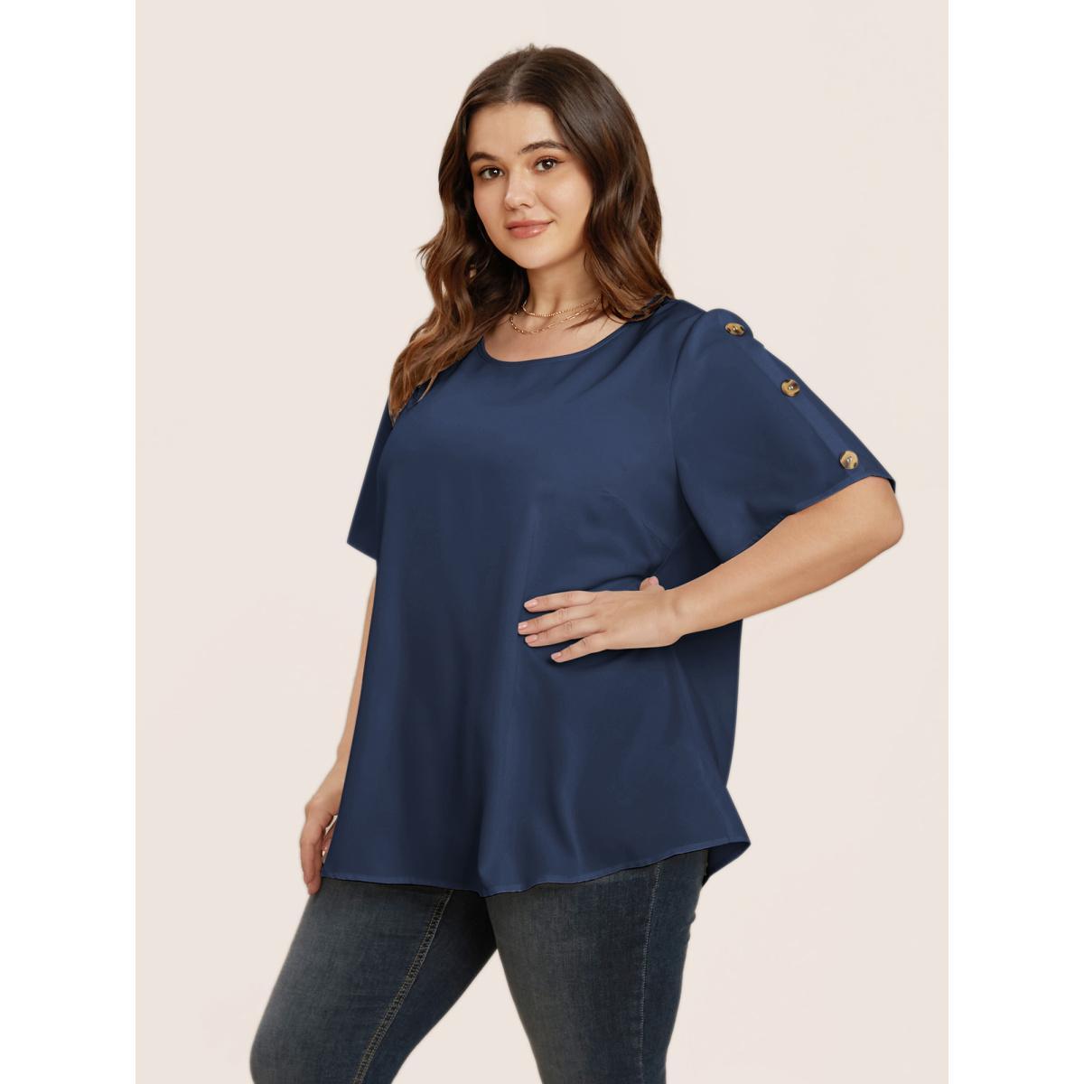 Plus Size Indigo Plain Round Neck Button Detail Blouse Women Casual Short sleeve Round Neck Everyday Blouses BloomChic 30/6X Product Image