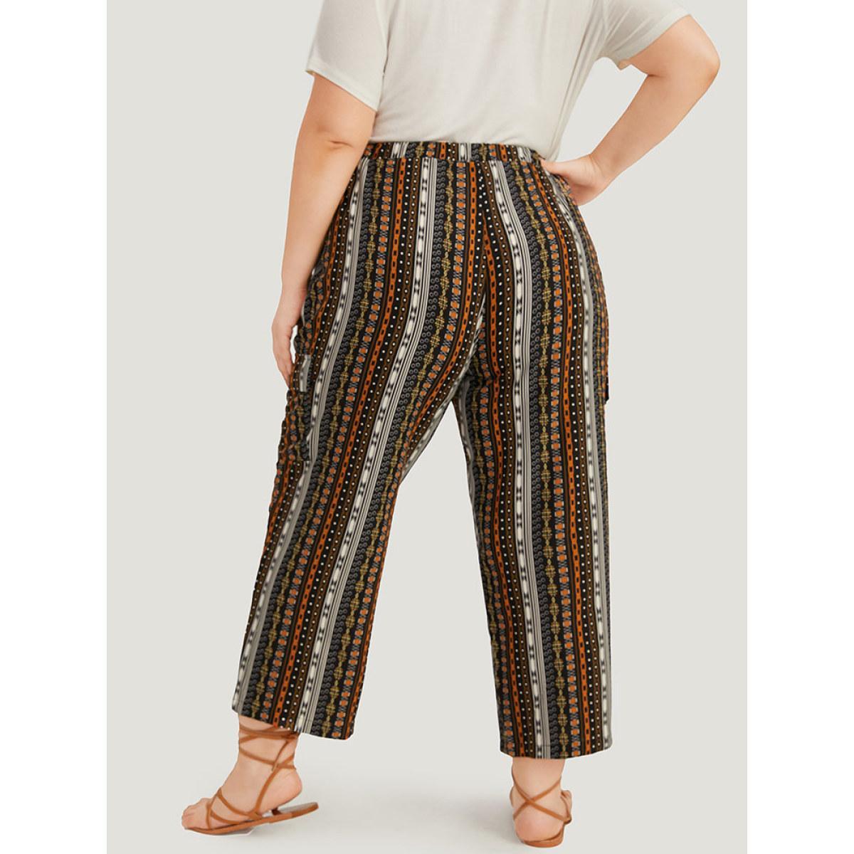 Plus Size Boho Print Pocket Drawstring Elastic Waist Pants Women Black Casual Straight Leg High Rise Dailywear Pants BloomChic 14-16/1X Product Image