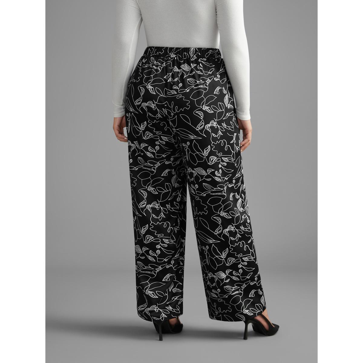 Plus Size Graffiti Print Elastic Waist Wide Leg Pants Women BlackFlower At the Office Wide Leg Mid Rise Work Pants BloomChic 12/L Product Image