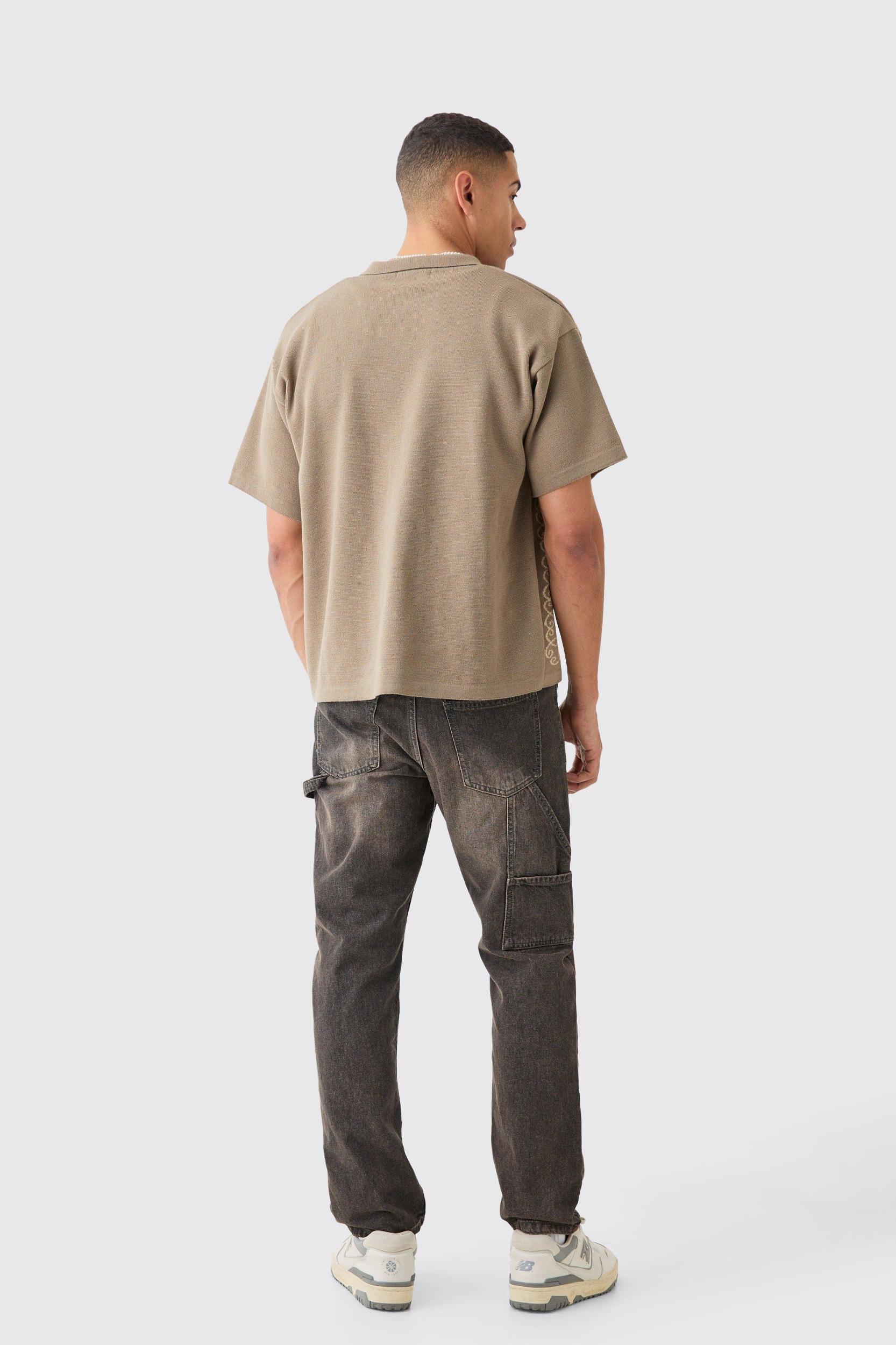 Boxy Jacquard Knit Abstract Detail Shirt In Taupe | boohooMAN USA Product Image