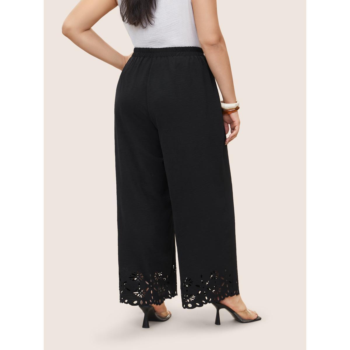 Plus Size Laser Cut Elastic Waist Wide Leg Pants Women Black Elegant Wide Leg High Rise Everyday Pants BloomChic 18-20/2X Product Image
