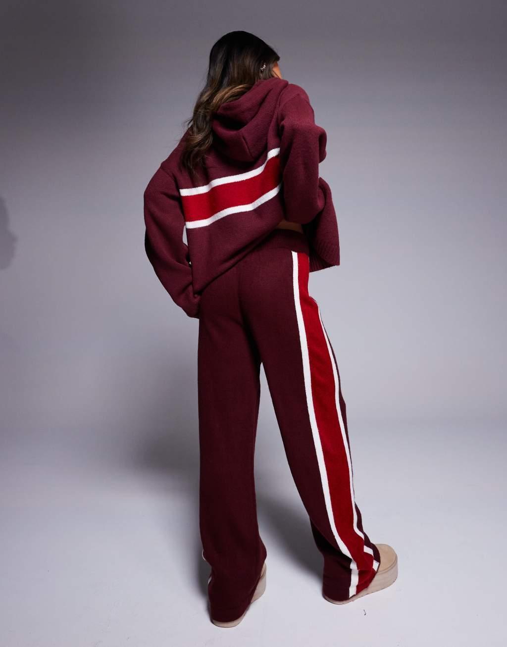 ASOS DESIGN fluffy knit wide leg pants in burgundy - part of a set Product Image