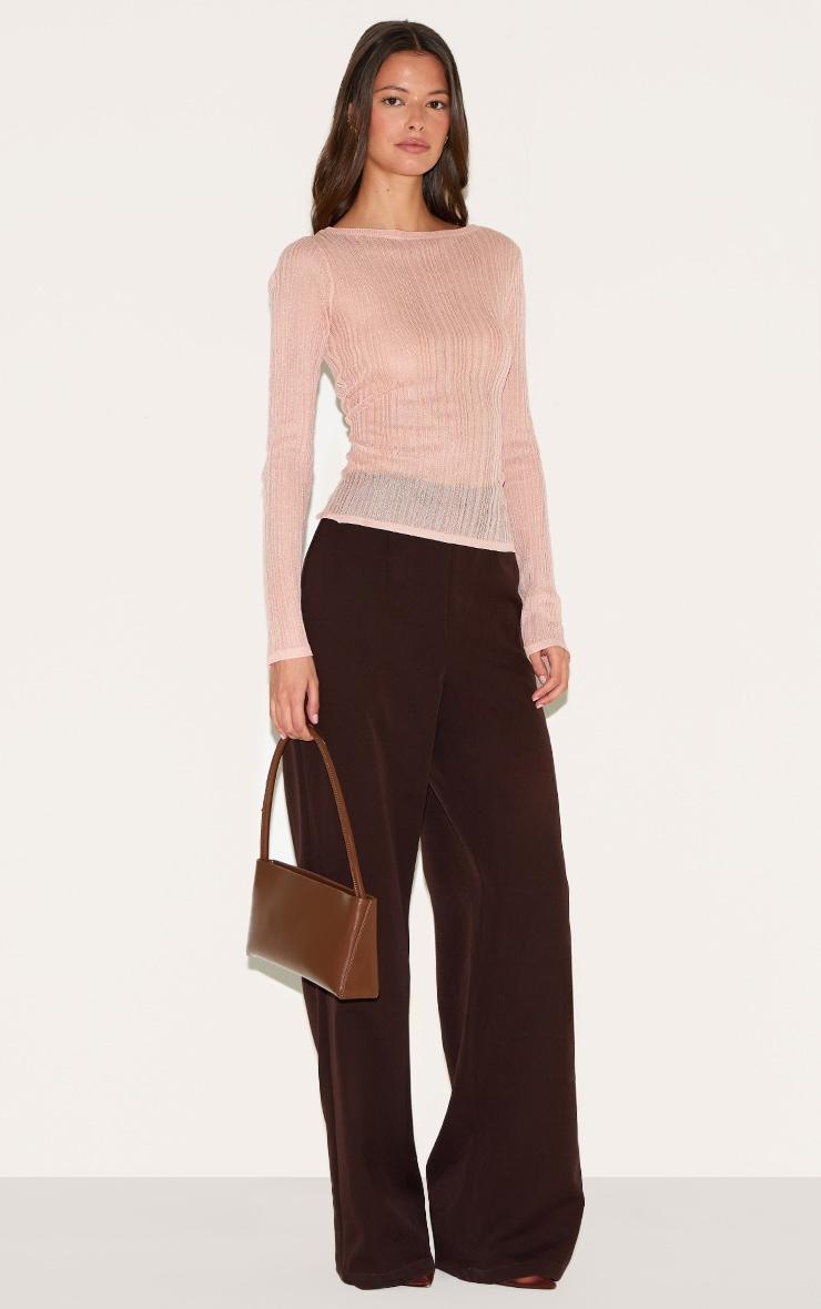 Pink Sheer Knit Long Sleeve Boat Neck Top Product Image