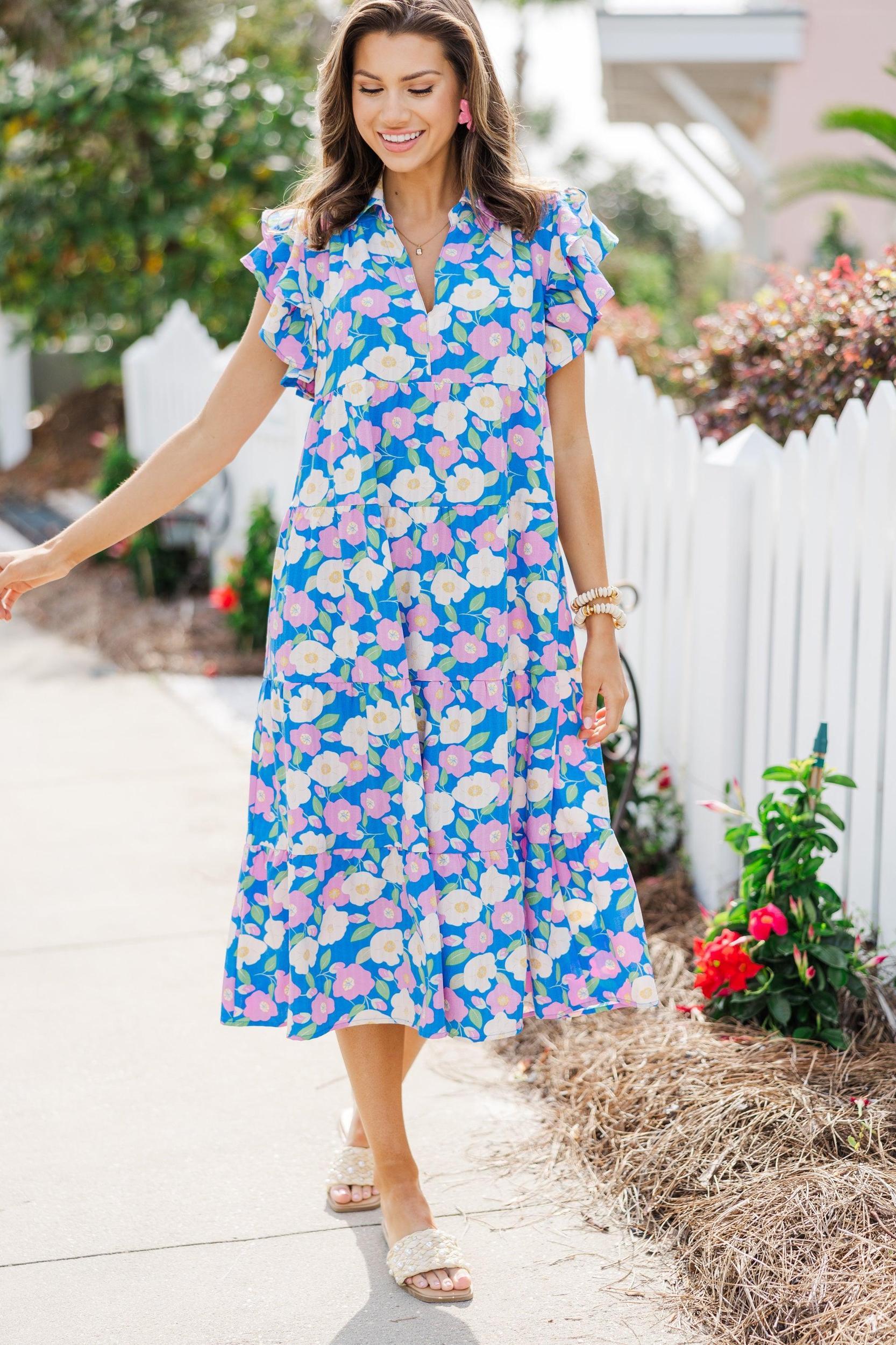 Look You Up Blue & Pink Floral Ruffled Midi Dress Female Product Image