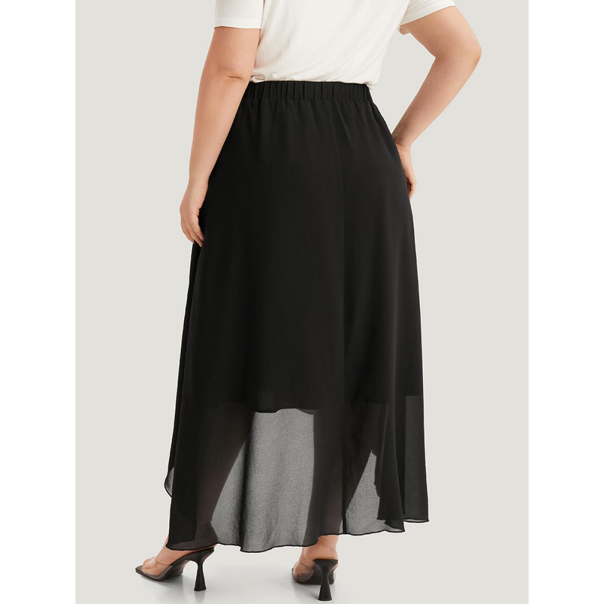 Plus Size Plain Elastic Waist Pocket Mesh High Low Hem Skirt Women Black Elegant Elastic Waist Loose Low stretch Dailywear Skirts BloomChic 26/4X Product Image