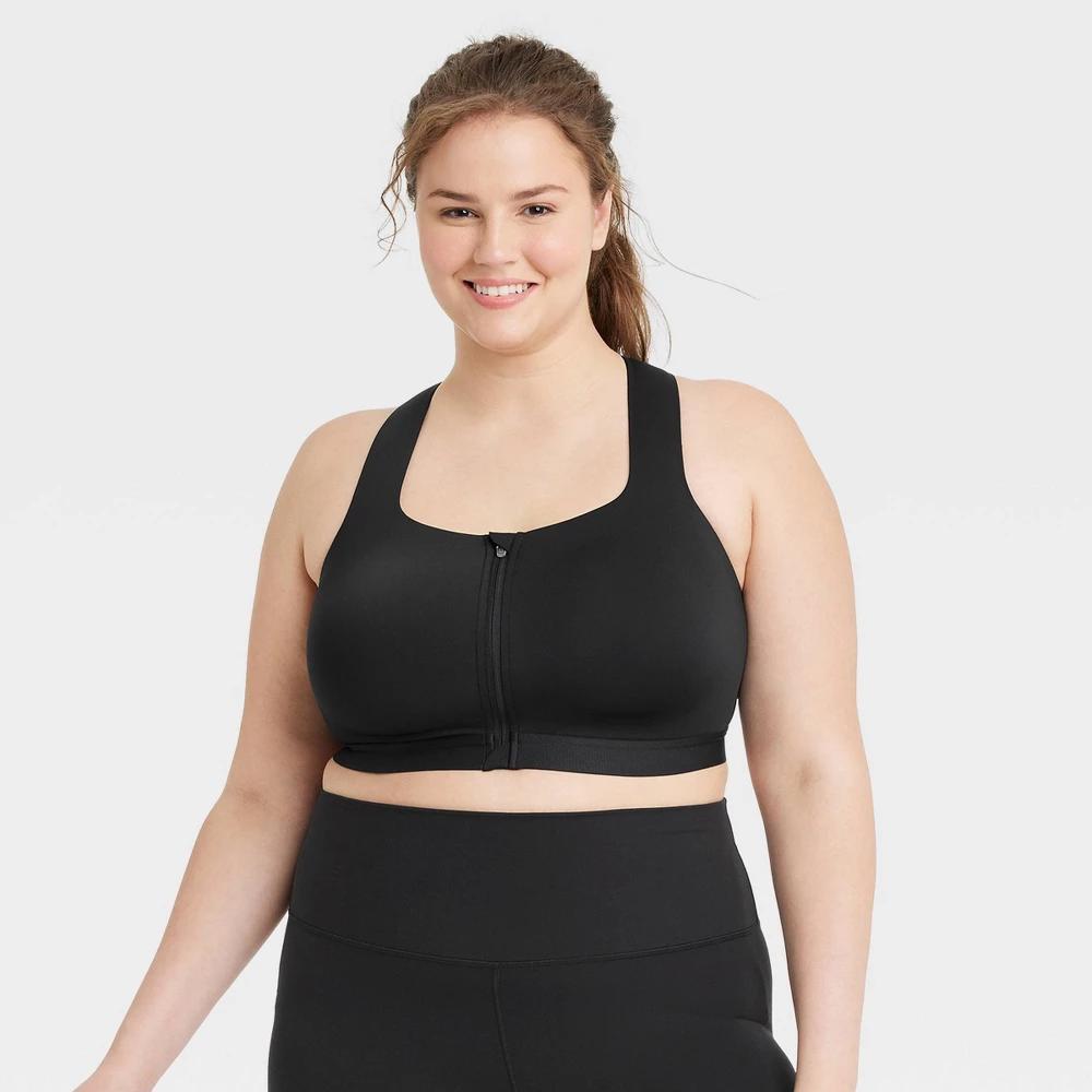 Women's Sculpt High Support Zip-Front Sports Bra - All In Motion™ Black 34B: Adjustable Strap, Molded Cup Product Image