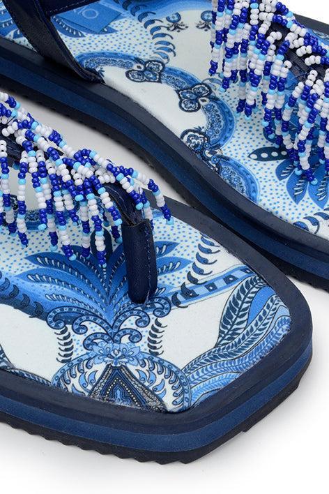 Blue Tile Beaded Flat Sandals Product Image