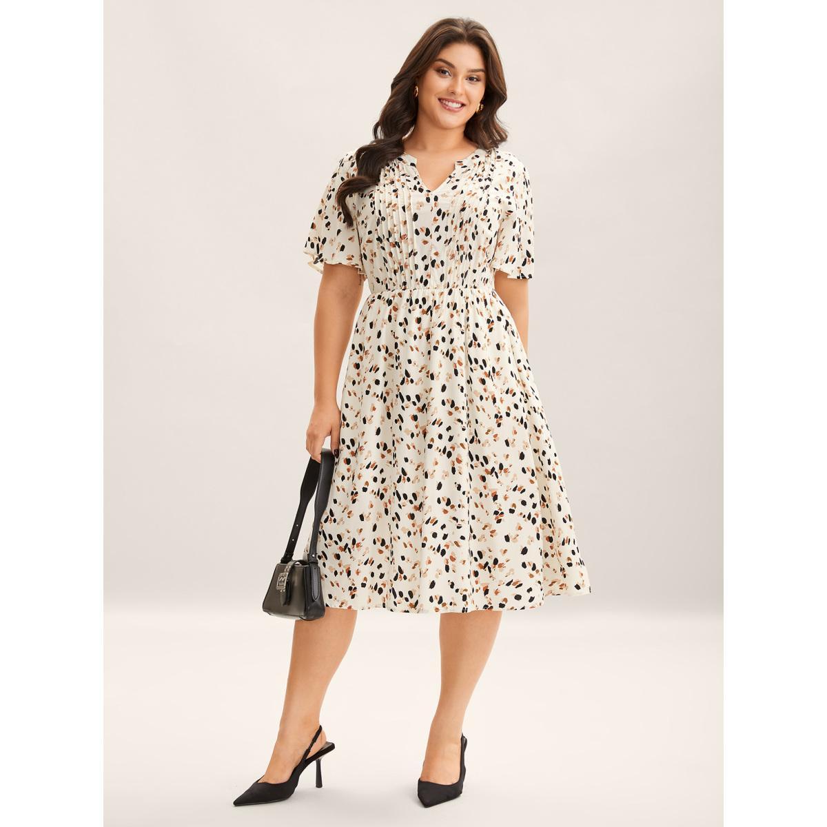 Plus Size Rayon Toothpick Pleat Leopard Print Midi Dress Beige Women V-neck Short sleeve Curvy BloomChic 18-20/2X Product Image
