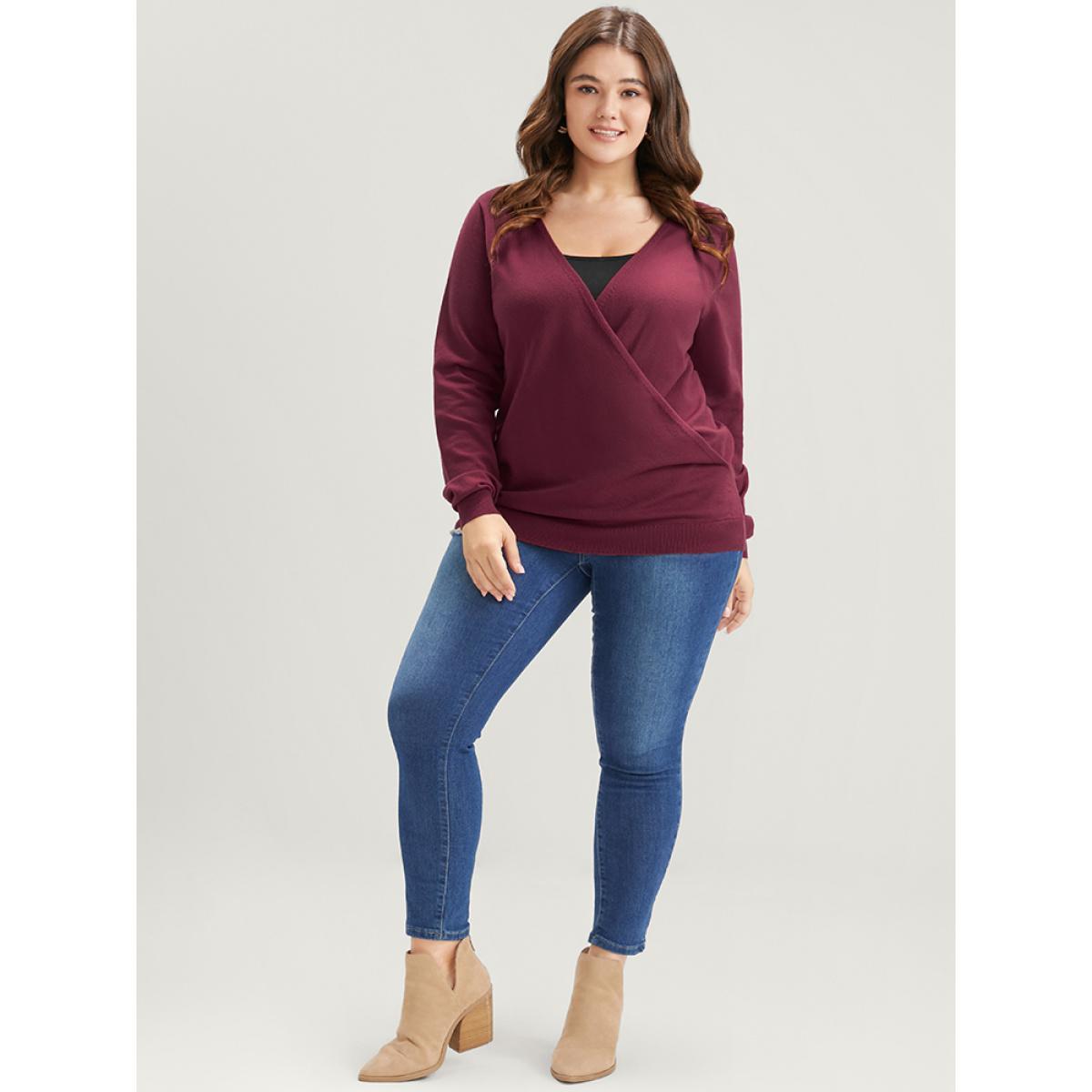 Plus Size Solid Super Soft Knit Surplice Neck Knit Top Scarlet Women Casual Long Sleeve Dailywear Pullovers BloomChic 26/4X Product Image