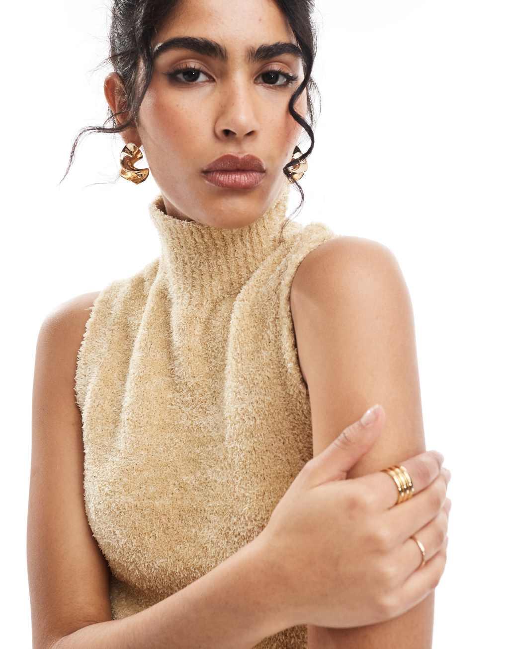 ASOS DESIGN knitted chenille tank in eyelash yarn in gold Product Image