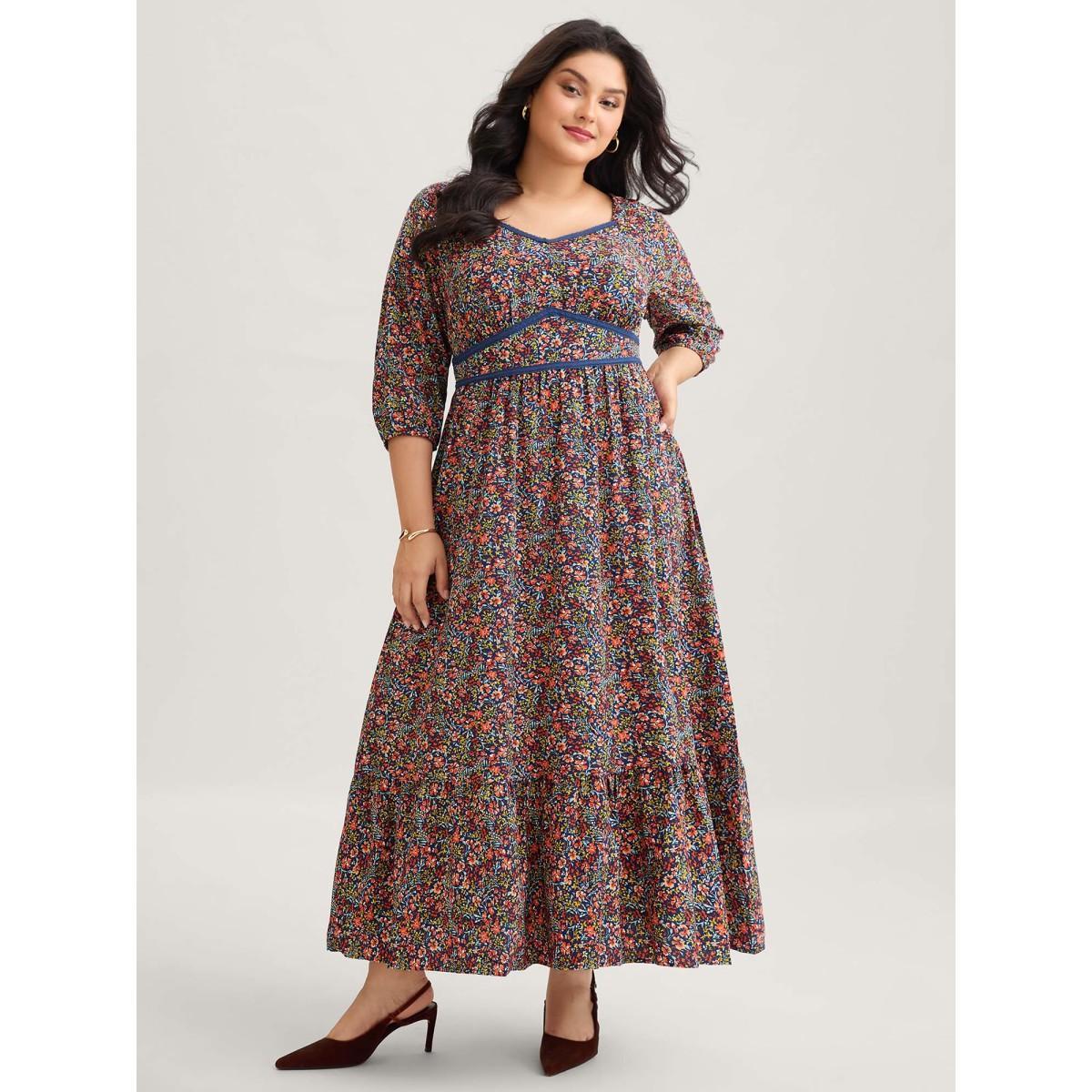 Plus Size Ditsy Floral Woven Ribbon Maxi Dress Navy Women Elegant Woven ribbon&lace trim Heart neckline Elbow-length sleeve Curvy BloomChic 28/5X Product Image