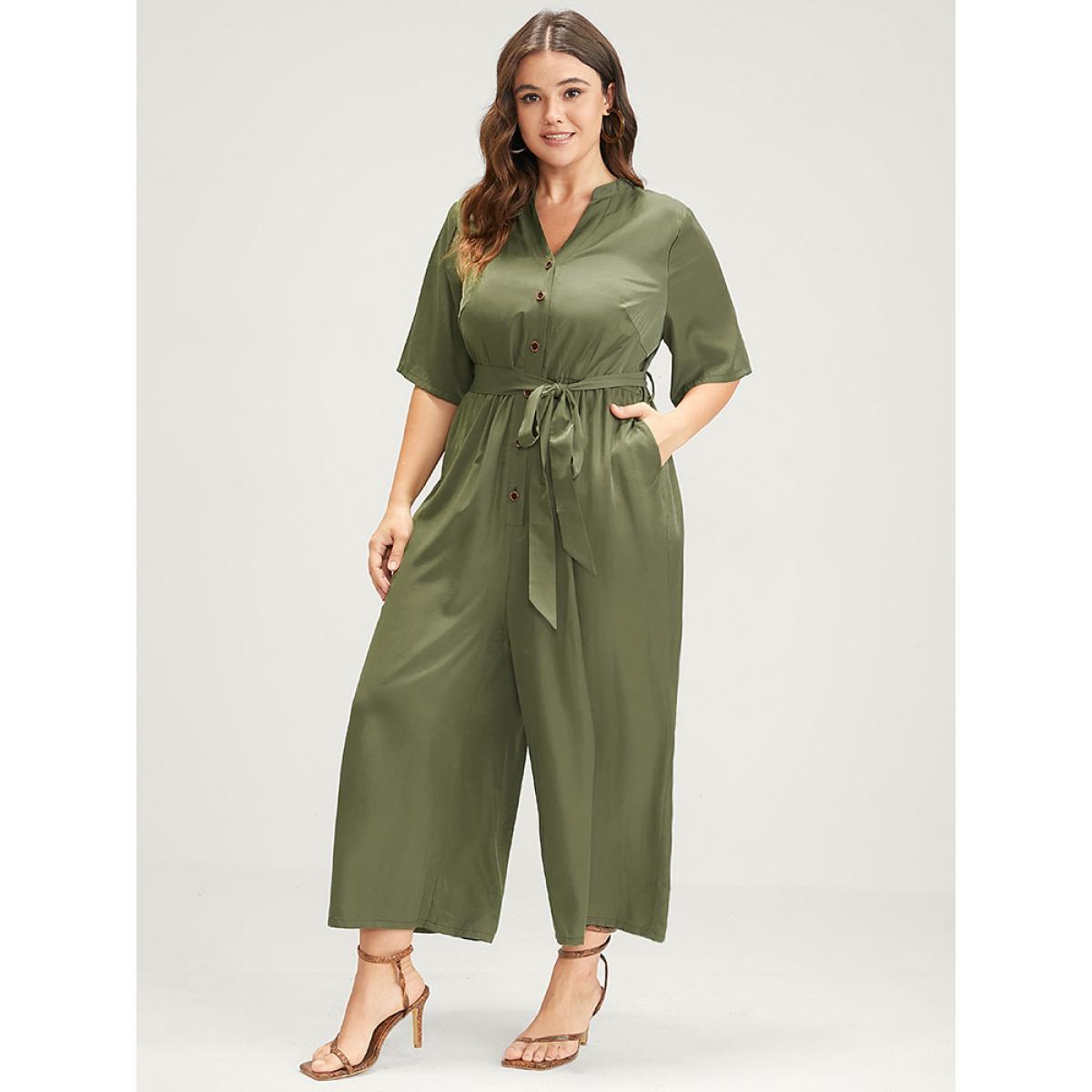 Plus Size ArmyGreen Solid Pocket Button Belted Jumpsuit Women Office Half Sleeve Stand-up collar Work Loose Jumpsuits BloomChic 28/5X Product Image