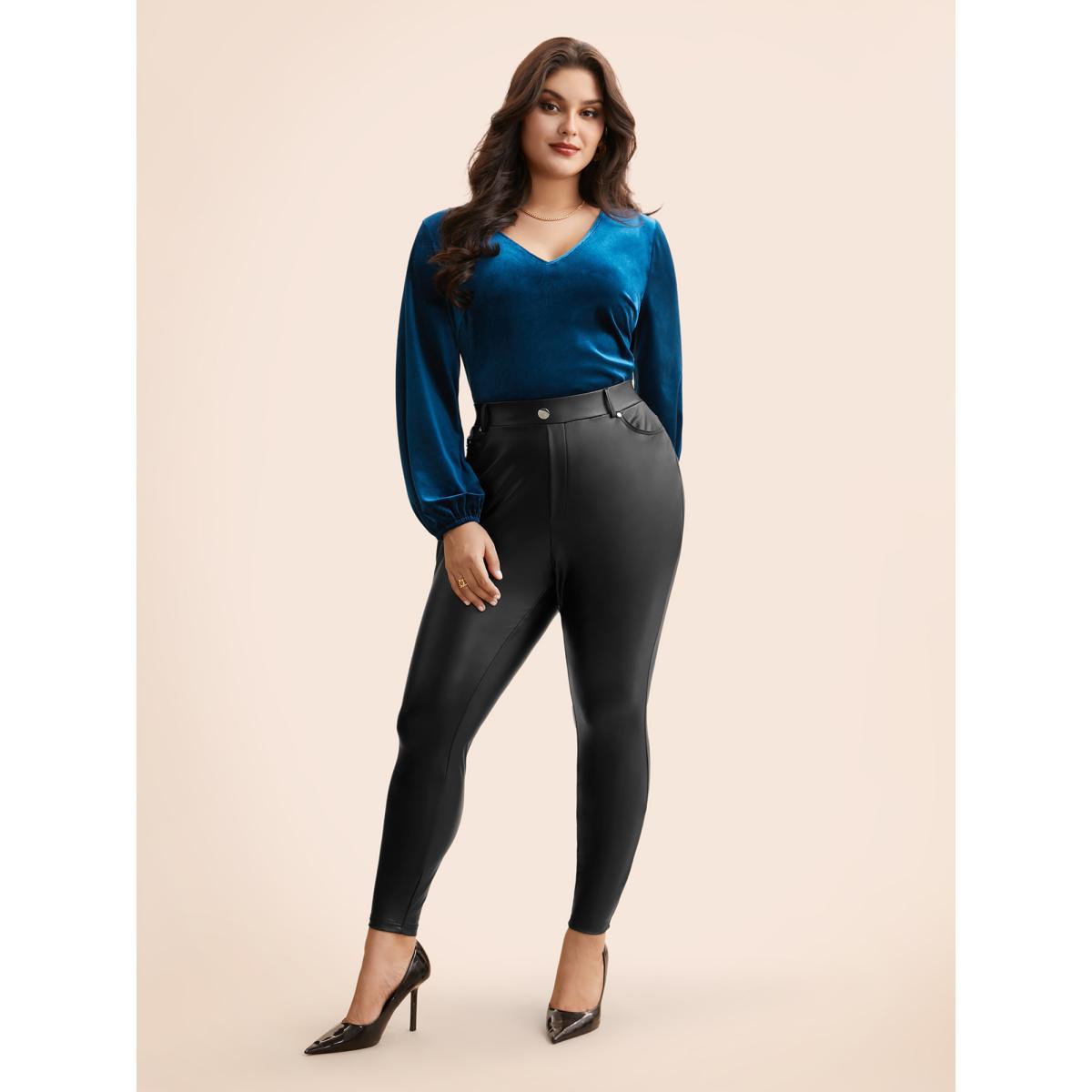 Plus Size PU Leather Button Detail Mid Rise Pants Women Black Casual Skinny Mid Rise Everyday Pants BloomChic 30/6X Product Image