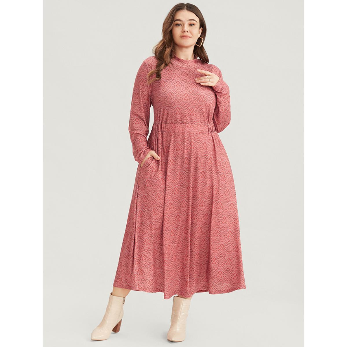 Plus Size Bandana Print Mock Neck Pocket Ruffle Hem Dress Scarlet Women Elegant Elastic Waist Mock Neck Long Sleeve Curvy Midi Dress BloomChic 30/6X Product Image